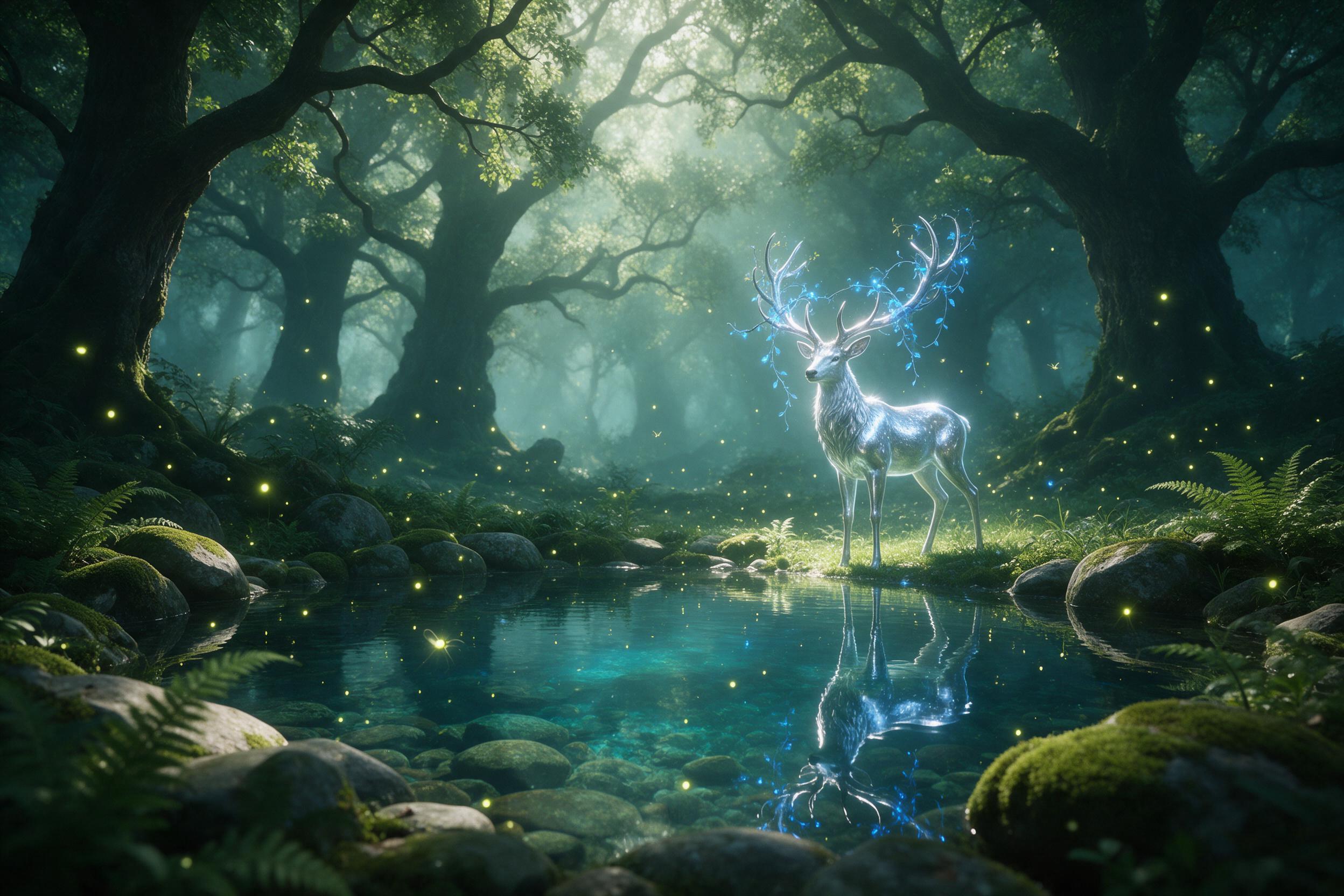 In a misty emerald forest, a glowing silver stag stands beside a crystal-clear pond, its antlers entwined with luminescent blue vines. Soft morning light filters through ancient oaks, casting dappled shadows. Fireflies drift like tiny lanterns, while moss-covered stones and ferns frame the scene. Sl