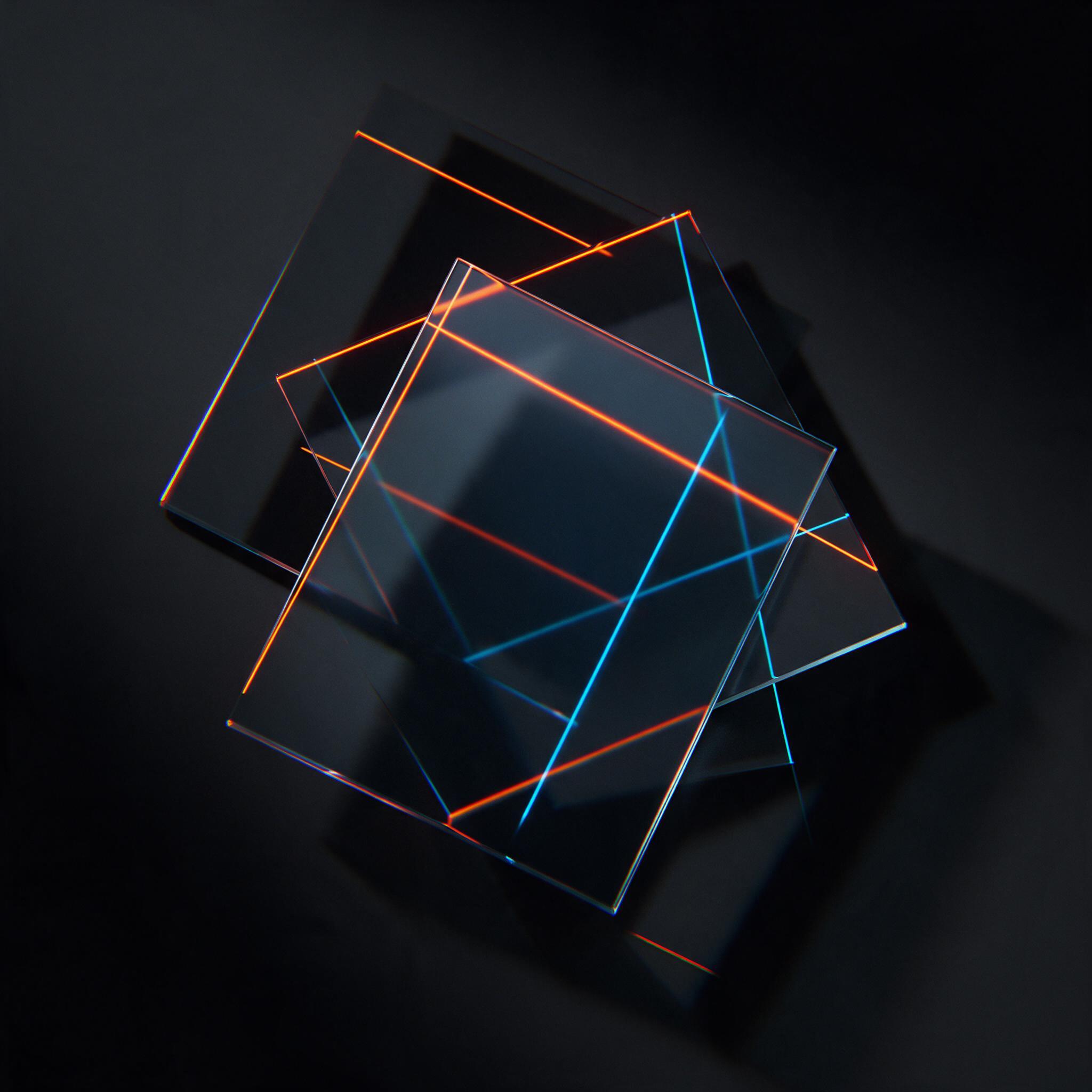 High contrast geometric composition of overlapping translucent glass panels, sharp shadows cast by a single light source at 45 degrees, subtle chromatic aberration on edges, matte black background, reflecting thin neon orange and cyan lines, minimalist, sharp focus center, soft falloff at corners