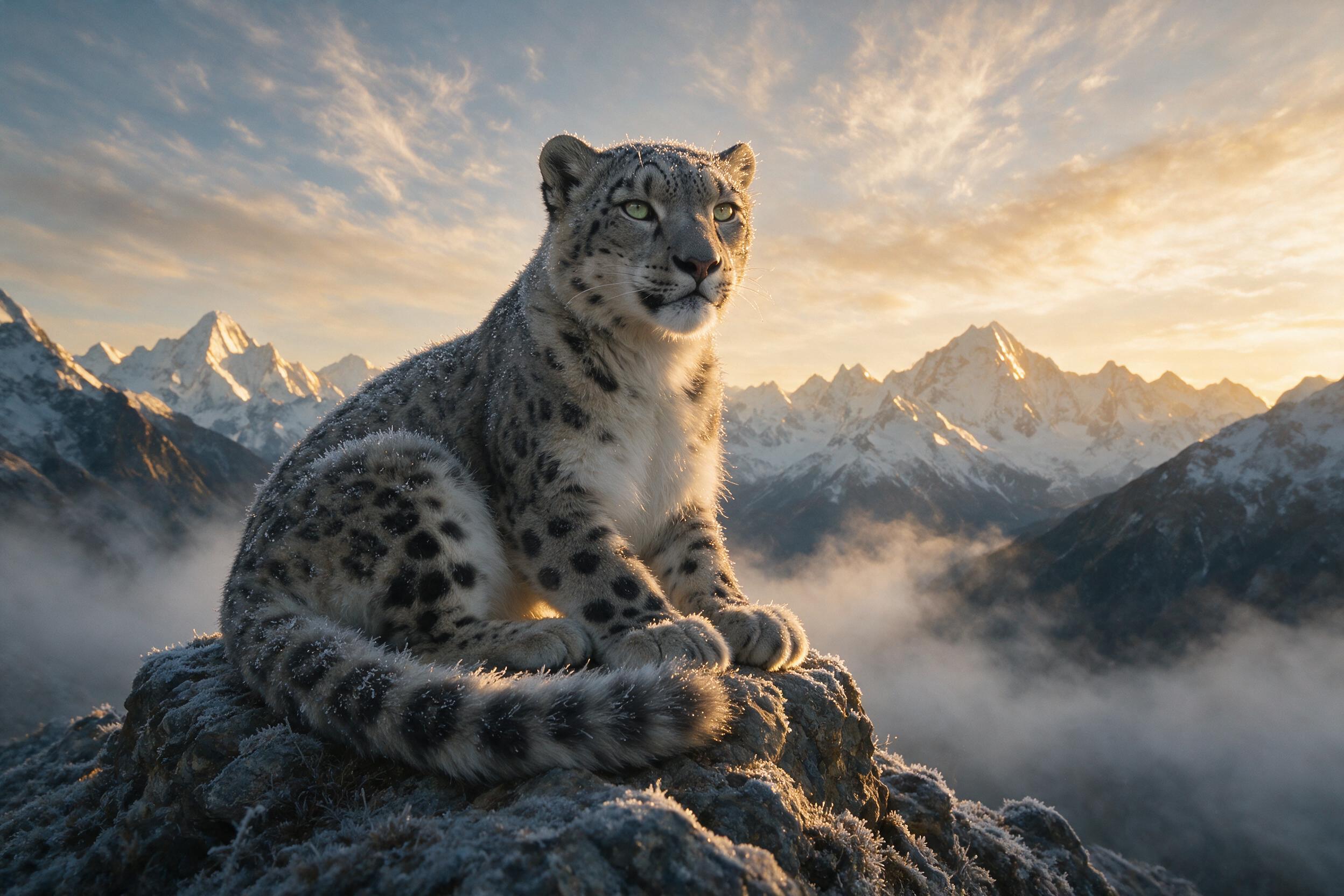 A majestic snow leopard rests on a rocky outcrop at dawn, its fur dusted with frost, eyes reflecting golden alpine light. Mist swirls in the valley below, while distant peaks catch the first rays. Composition uses a low angle, emphasizing the leopard's silhouette against the glowing sky, natural gra