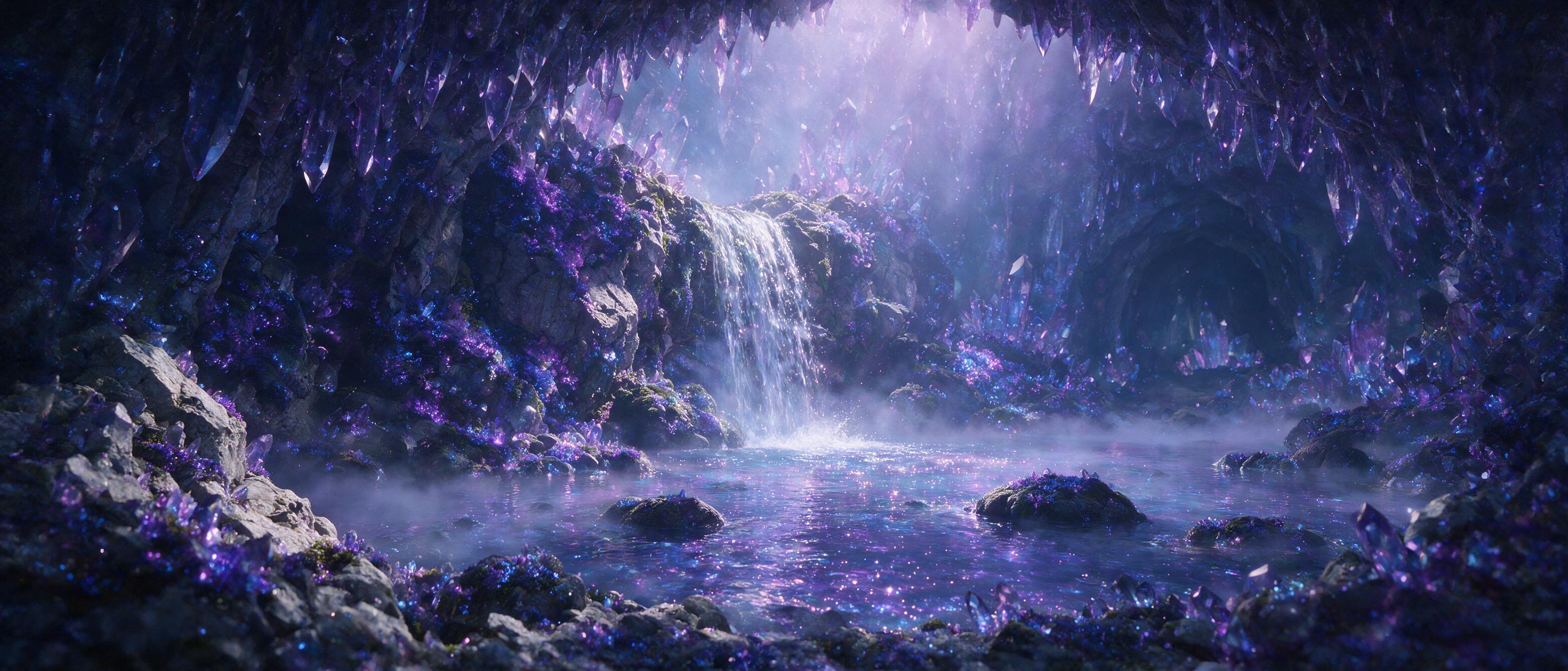 A luminous crystal cave deep underground, glowing bioluminescent moss on jagged walls, a small waterfall cascading into a pool of shimmering liquid light, soft mist rising, purple and blue hues, gentle light rays from above, cinematic composition