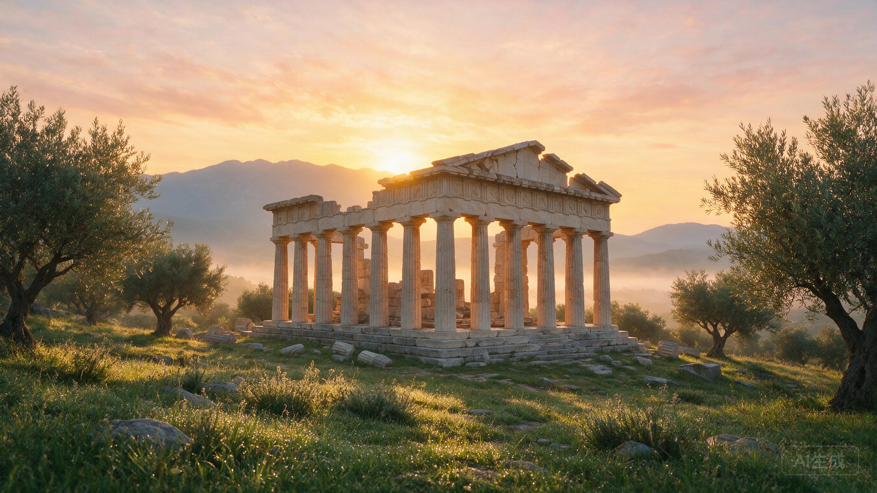Ancient Greek temple ruins at dawn, columns silhouetted against the rising sun, olive trees, dewy grass