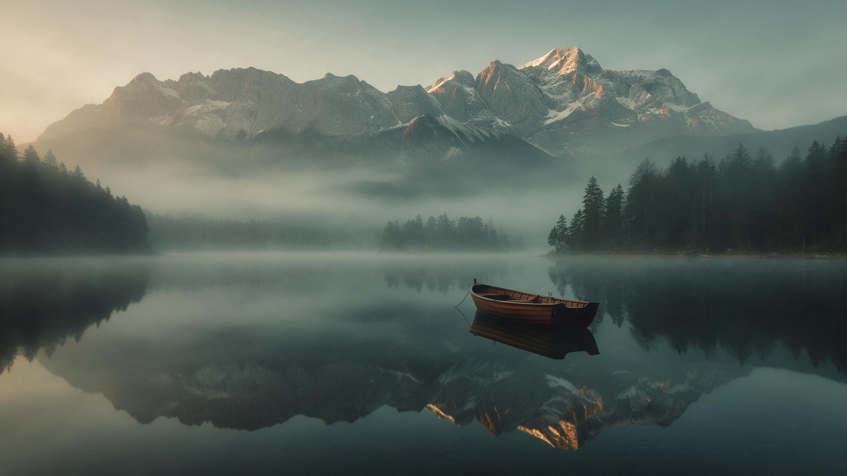 A misty alpine lake at dawn, mirror-still water reflecting jagged snow-dusted peaks, layers of pine forest receding into soft fog, first golden light catching the summits, long-exposure smoothness, muted teal and amber palette, minimal composition with solitary wooden rowboat anchored near shore