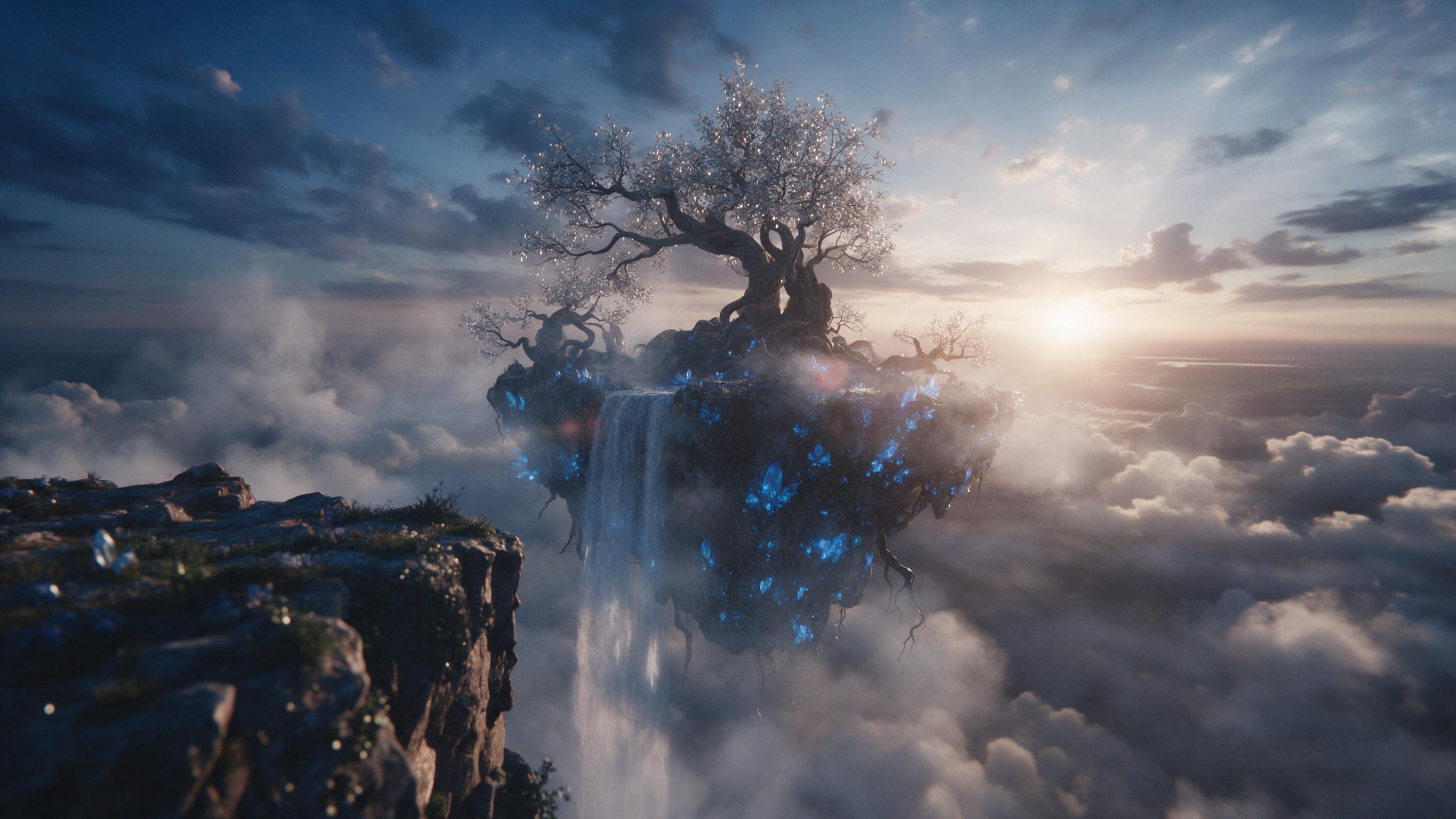 A luminous floating island at dusk, glowing blue crystals embedded in rocks, cascading waterfall falling into clouds, ancient twisted trees with silver leaves, soft mist swirling, warm golden light from the horizon contrasting with cool blue shadows, wide-angle view from a cliff edge, subtle lens fl