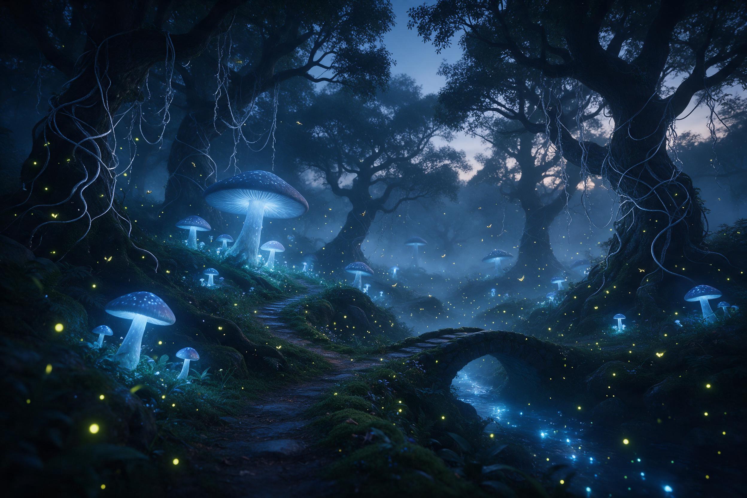 A misty bioluminescent forest at dusk, giant glowing mushrooms casting soft blue light on winding mossy paths, fireflies swirling in the air, ancient twisted trees draped in silver vines, a small stone bridge over a glowing stream, ethereal atmosphere, subtle fog, natural lighting with deep shadows 