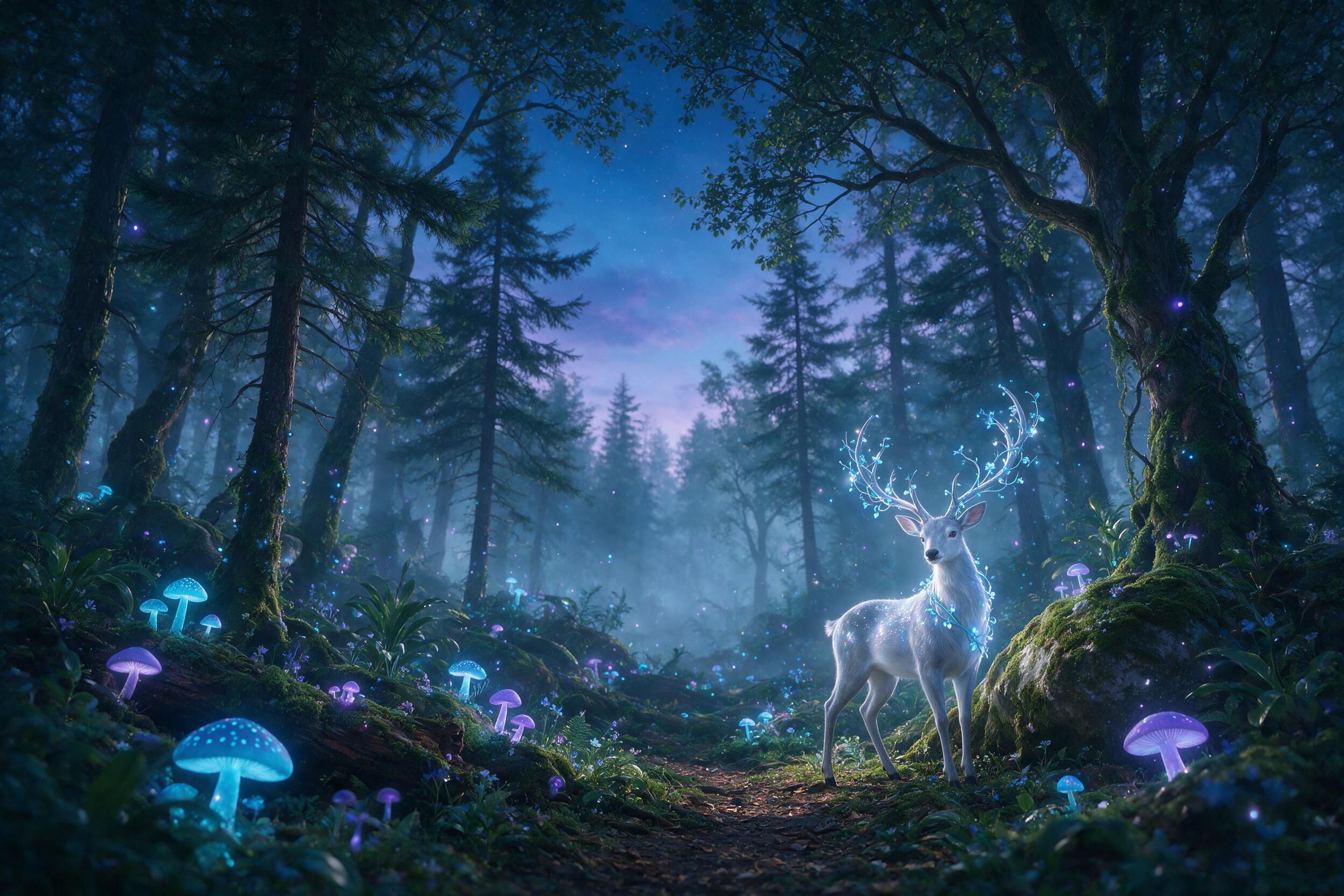 A misty forest at twilight, bioluminescent mushrooms glowing soft blue and purple, a silver deer with antlers entwined in glowing vines stands beside a mossy stone, scattered light particles, moody atmosphere, shallow depth of field, soft natural lighting