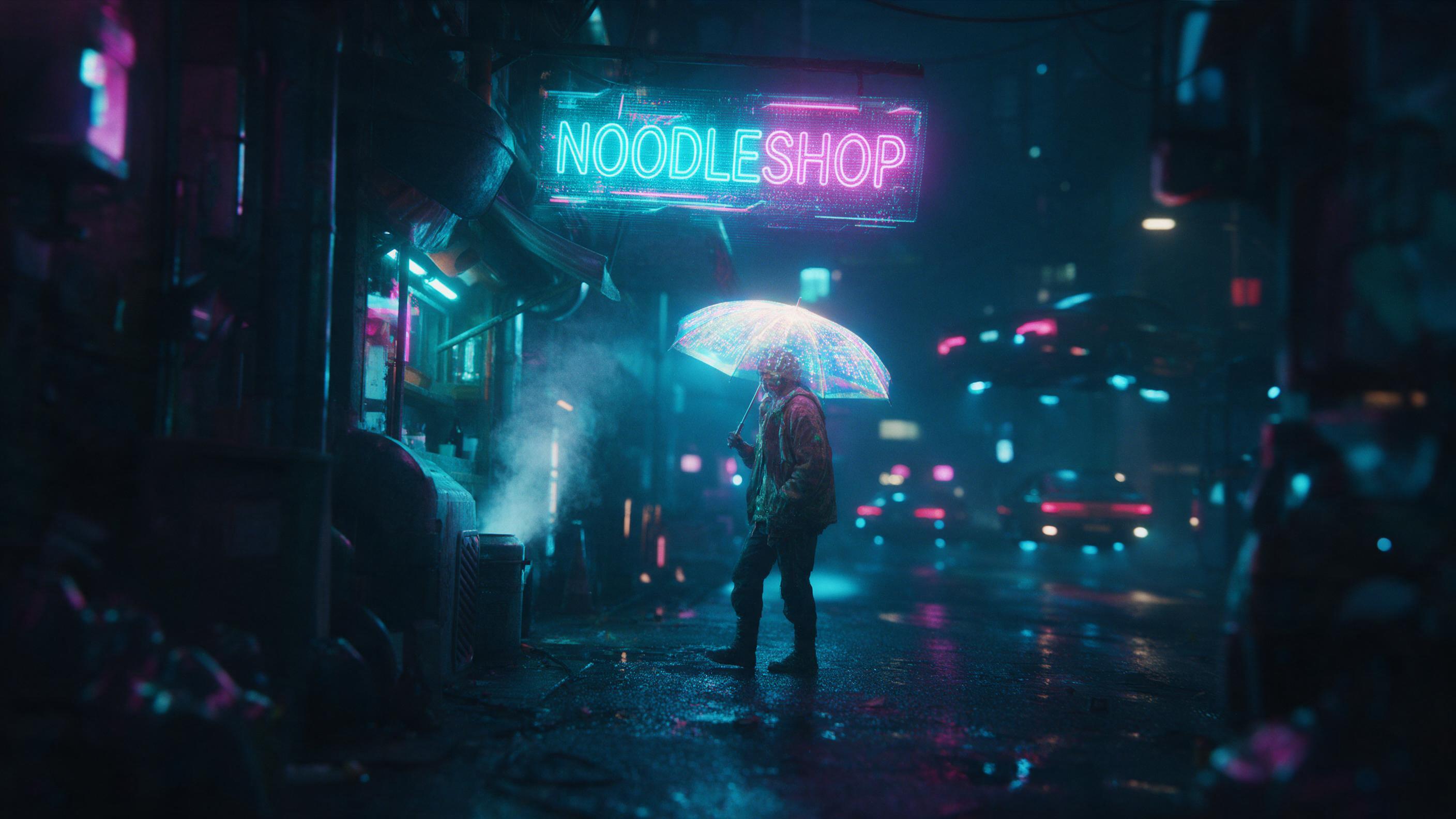 Rain-soaked neon alley at midnight, holographic noodleshop signs flicker, steam rises from a vent, a lone figure in a worn jacket holds a glowing umbrella, reflections on wet asphalt, cyan and magenta light, shallow depth of field, cinematic grain, slight motion blur on distant hovercars.