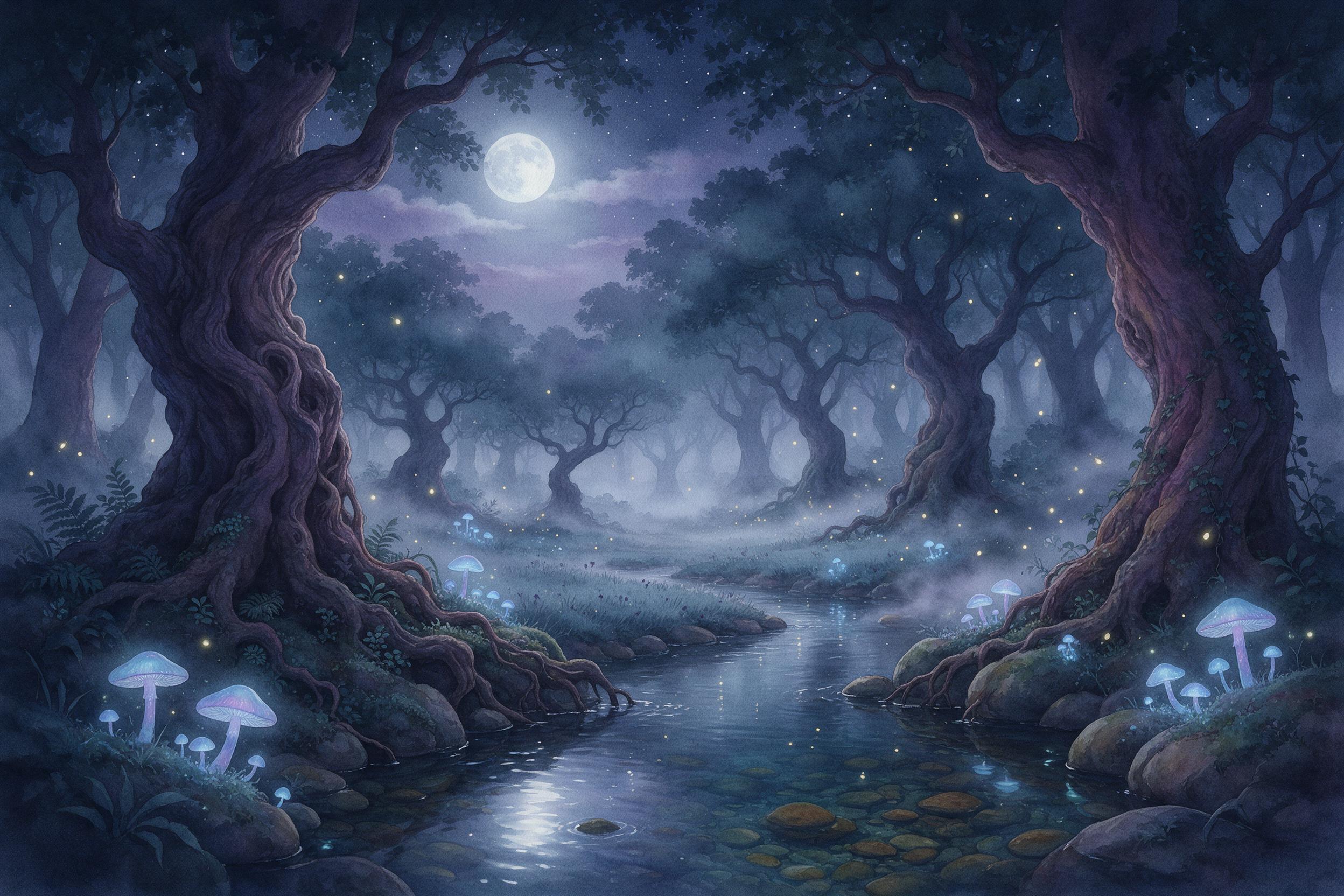 A moonlit enchanted forest glade with bioluminescent mushrooms casting soft blue glow, mist weaving between ancient gnarled trees, a small crystal stream reflecting starlight, fireflies dancing, painted in ethereal watercolor style with muted purples and teals