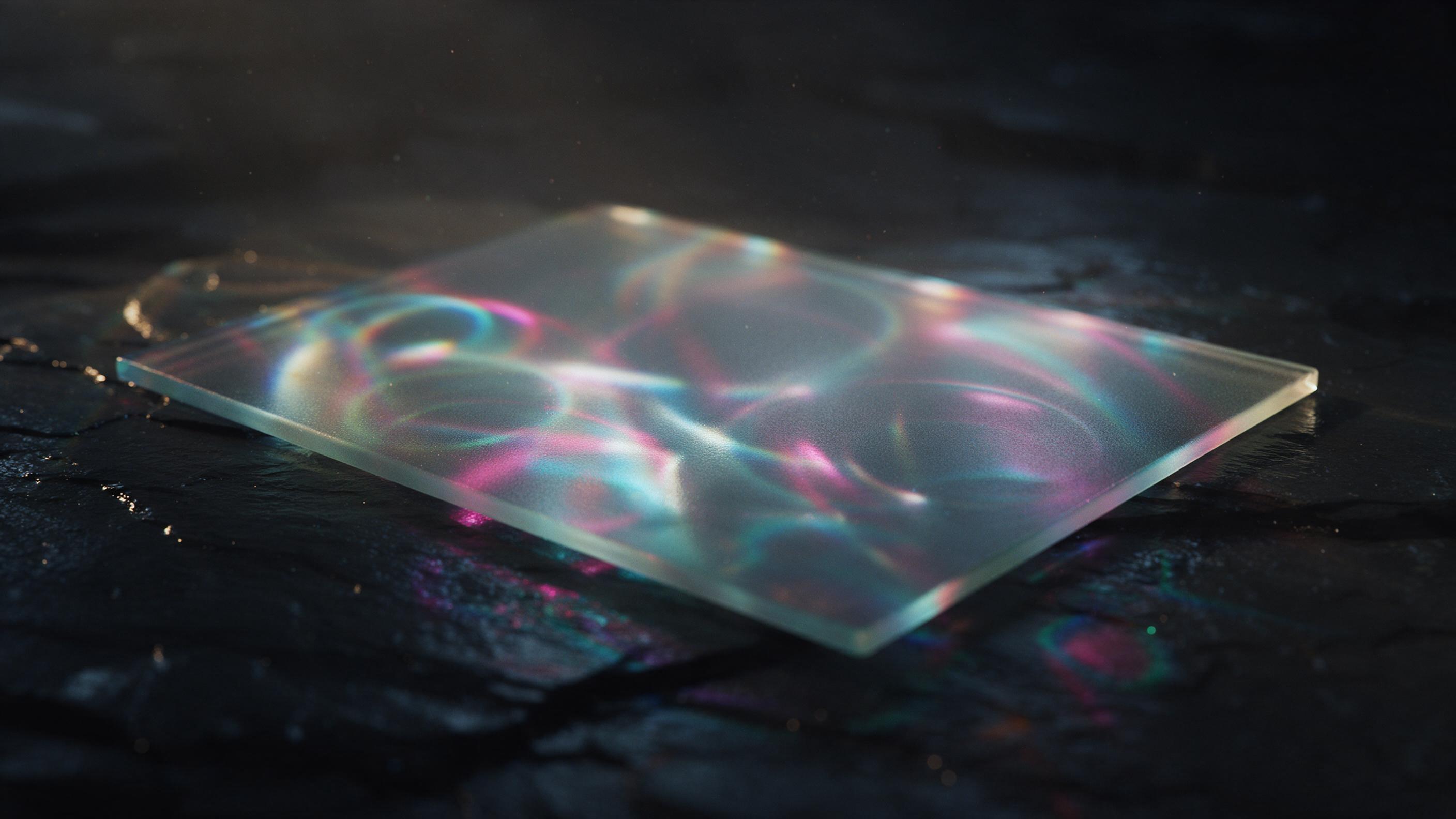 A sheet of frosted glass lying on wet dark slate, with colorful neon light refractions splitting into soft geometric arcs and watery ripples, shot in macro, low tungsten backlight, deep shadows, subtle dust particles in air, muted palette with sharp cyan and magenta highlights