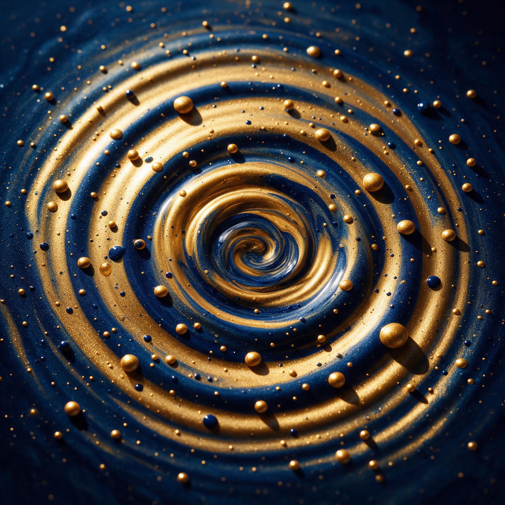 Fluid art of molten gold and deep indigo swirling in concentric ripples, captured at a macro level with harsh side lighting that casts sharp droplet shadows, surfaces have a wet, glossy sheen, grain in the shadows adds tactile texture, centered composition with negative space at the edges.