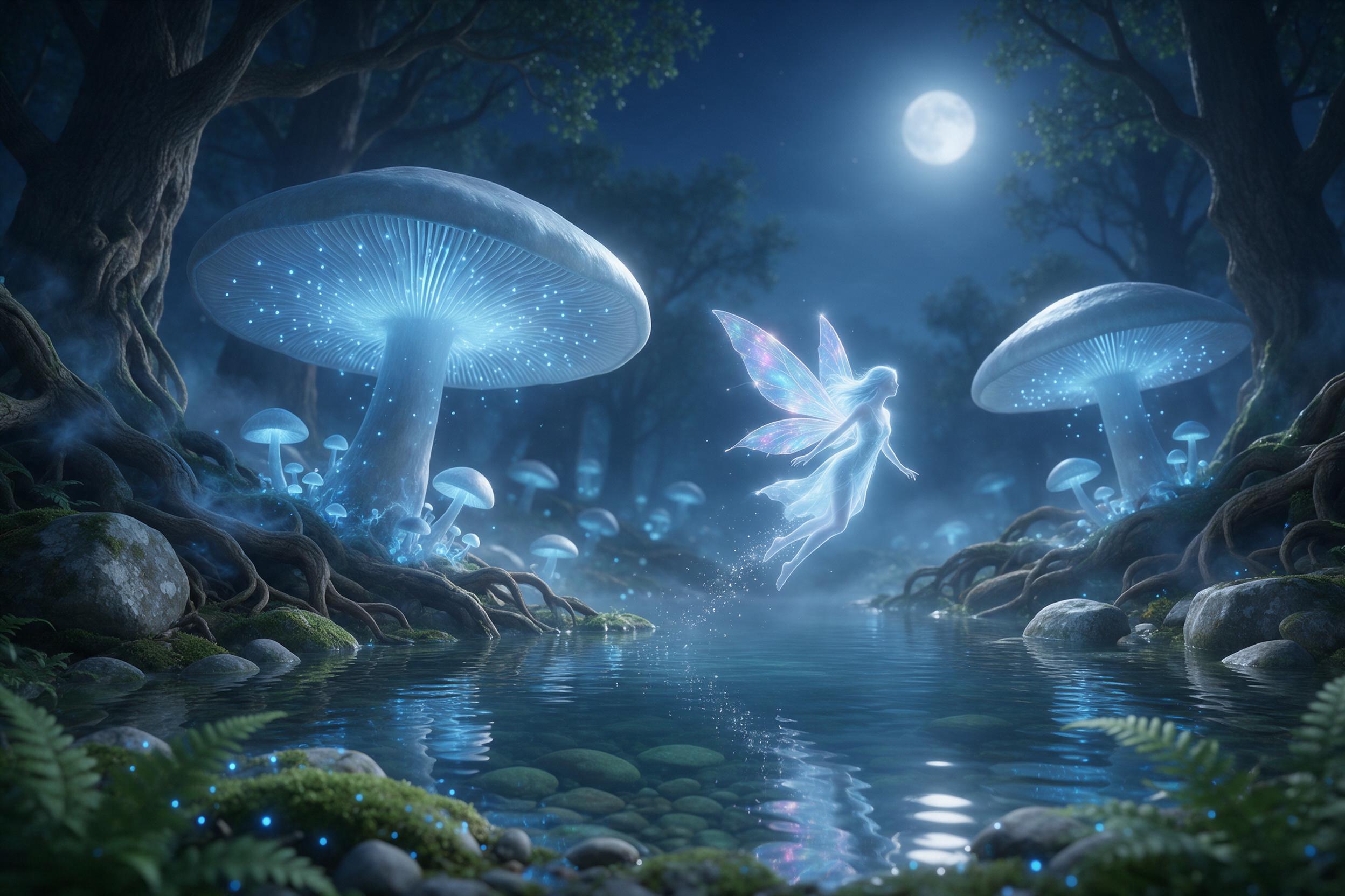 A moonlit forest clearing where giant glowing mushrooms cast soft blue light on ancient mossy stones. A translucent fairy with iridescent wings hovers near a crystal-clear pond, leaving a trail of sparkles. Mist weaves between twisted oak roots. Low-angle composition, ethereal glow, subtle fog, cool