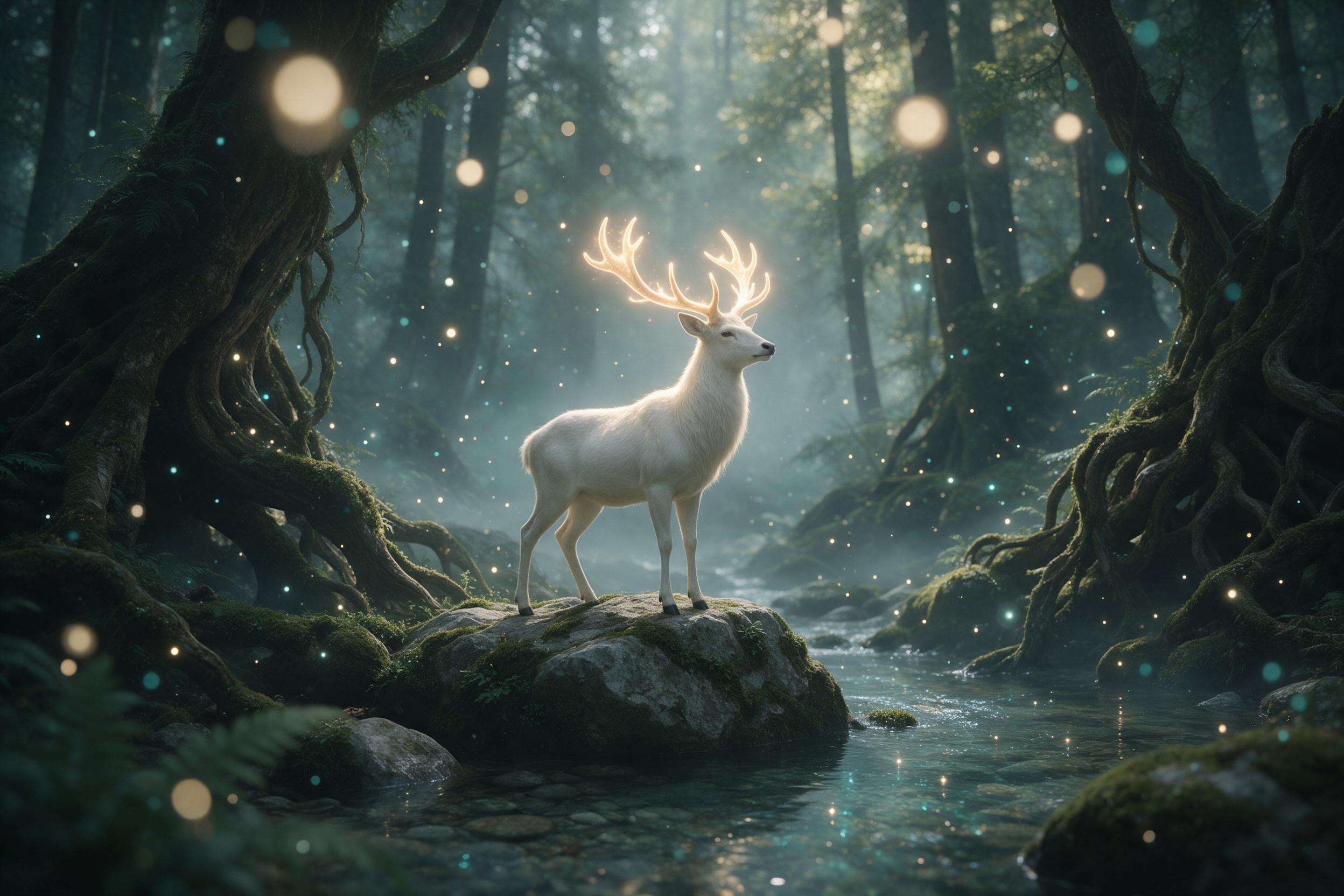An ancient emerald forest clearing lit by drifting bioluminescent spores, a white stag with glowing antlers stands on mossy stones beside a crystalline stream, mist weaving between giant roots, soft teal and gold light, shallow depth of field, ethereal atmosphere