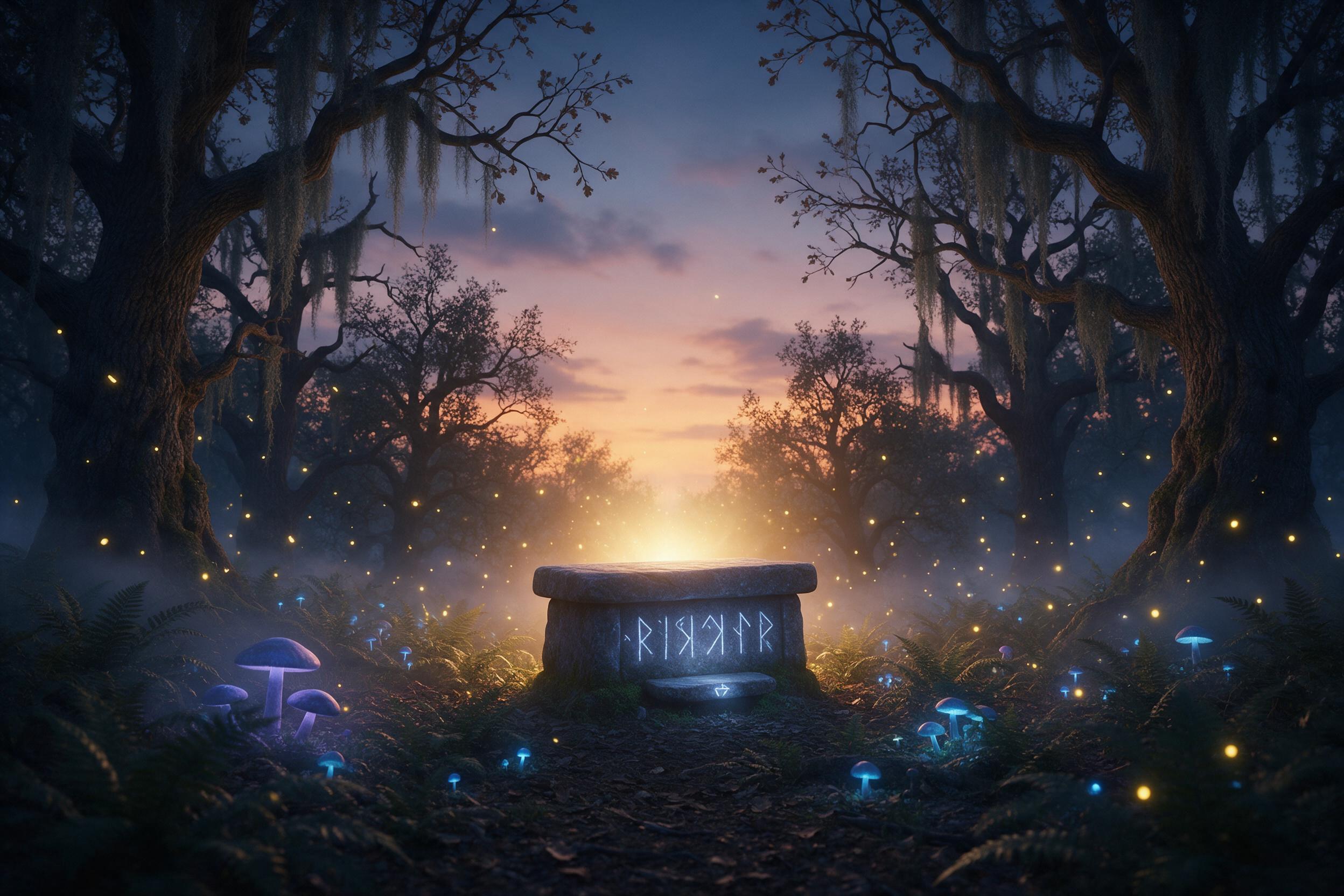 Enchanted forest clearing at twilight, bioluminescent mushrooms glowing soft blue and purple, ancient gnarled oak trees with hanging moss, a small stone altar covered in glowing runes, fireflies weaving through the air, mist drifting low over ferns, warm golden light from the center contrasting cool