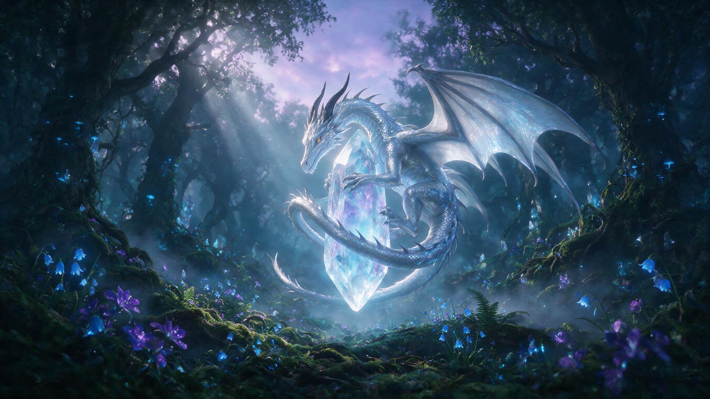 A luminous silver dragon curled around a floating crystal spire in a misty twilight forest, bioluminescent flora casting soft blue and violet glows, gentle fog rolling over mossy ground, cinematic composition with shallow depth of field, natural god rays piercing through canopy