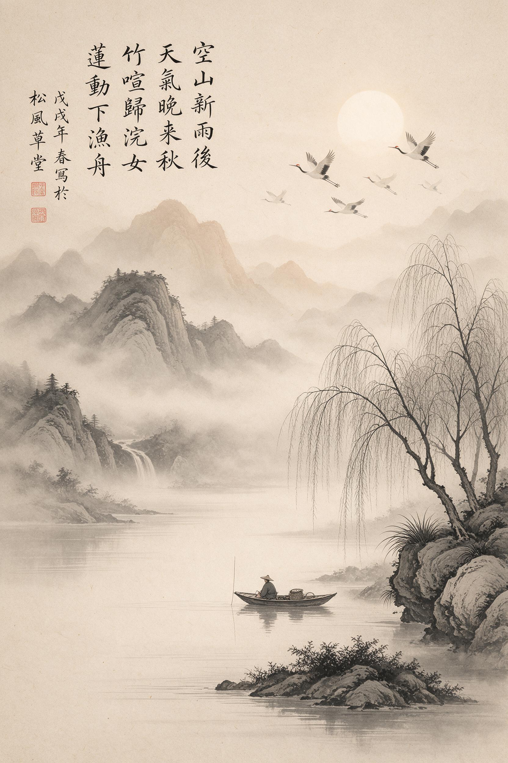 A scholar's ink wash painting of misty mountains, a lone boat with a fisherman on a tranquil river, willows drooping over the bank, cranes flying in formation, soft light breaking through fog, subtle brushstrokes, art paper texture, muted tones of black, grey, and sepia, in the style of Song dynasty