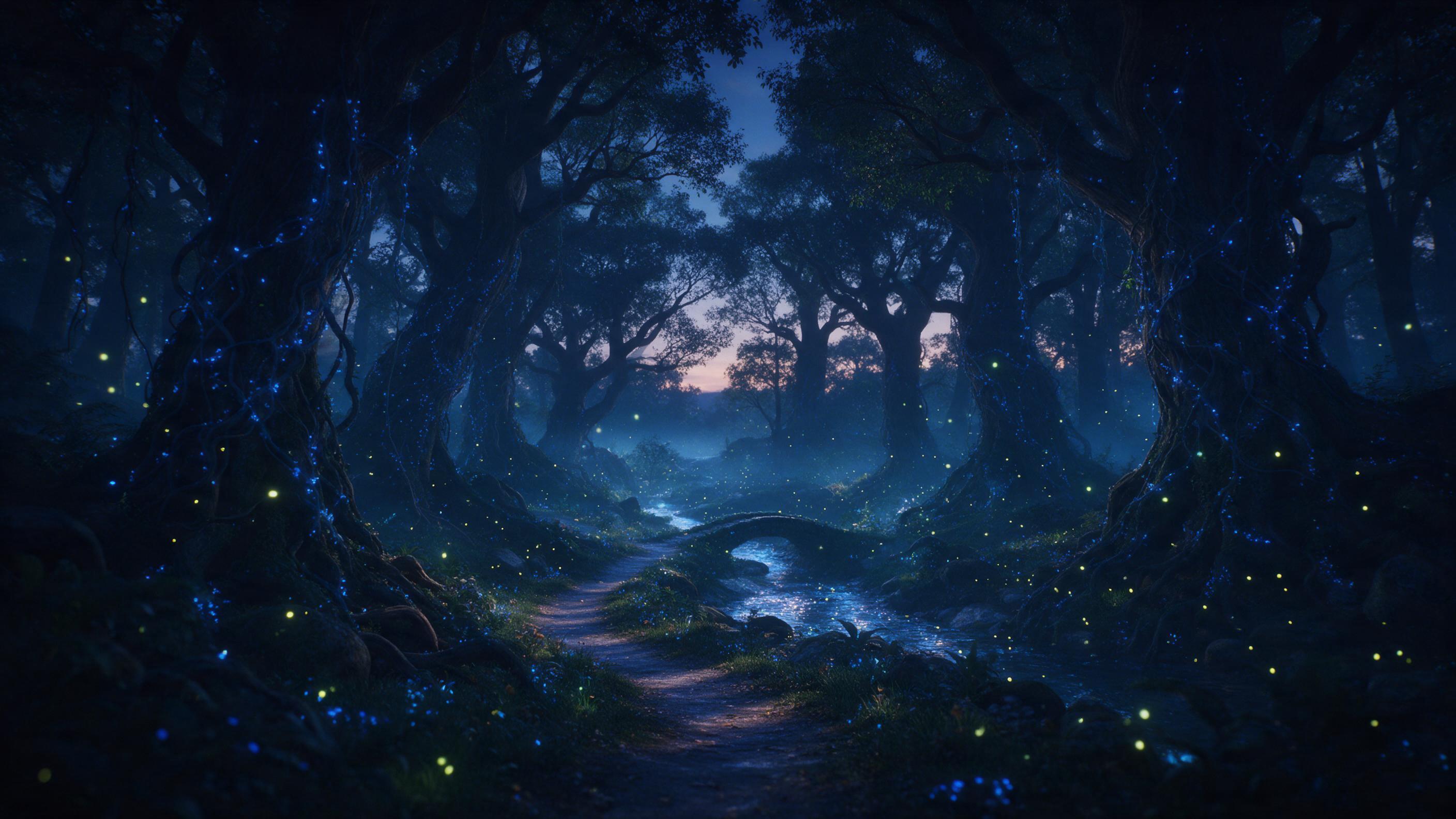 An ancient forest at twilight, towering gnarled trees with glowing blue vines, a small stone bridge over a shimmering stream, fireflies drifting in the misty air, soft bioluminescent light, deep shadows, cinematic composition with a winding path leading into the distance, ethereal atmosphere.