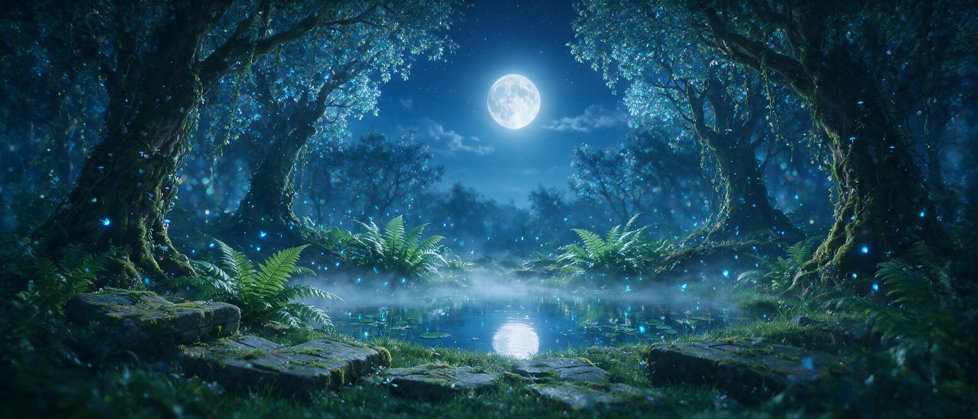 A moonlit enchanted forest glade, ancient moss-covered stones, glowing blue fireflies weaving between towering ferns, a silver mist curling low over a crystal-clear pond, gnarled trees with luminescent leaves, cool ethereal light, soft bokeh, cinematic composition, dreamy atmosphere