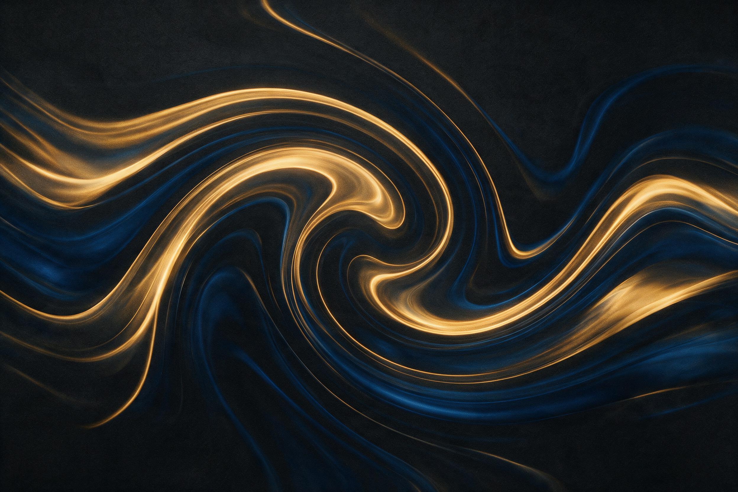 A dynamic composition of swirling golden and deep blue fluid lines on a dark matte background, subtle gradients and soft reflections, minimalist with organic curves, no sharp edges, natural ambient light, slight grain texture.