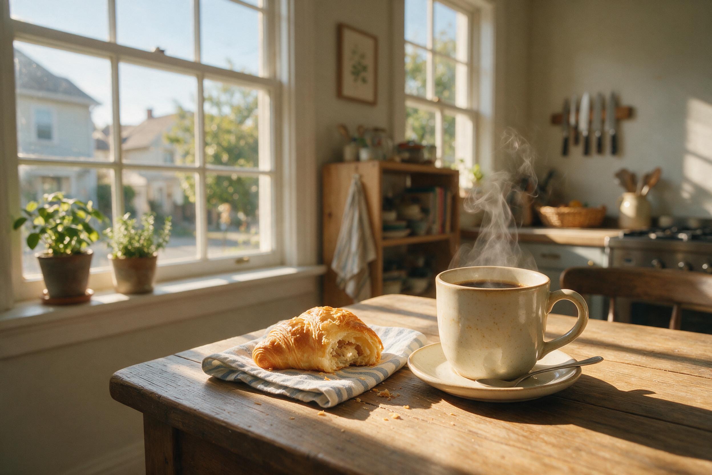 A cozy morning kitchen scene with soft sunlight streaming through a window, casting warm shadows on a wooden table, a steaming cup of coffee beside a half-eaten croissant, slight camera shake adding a candid feel, natural lighting, shallow depth of field.