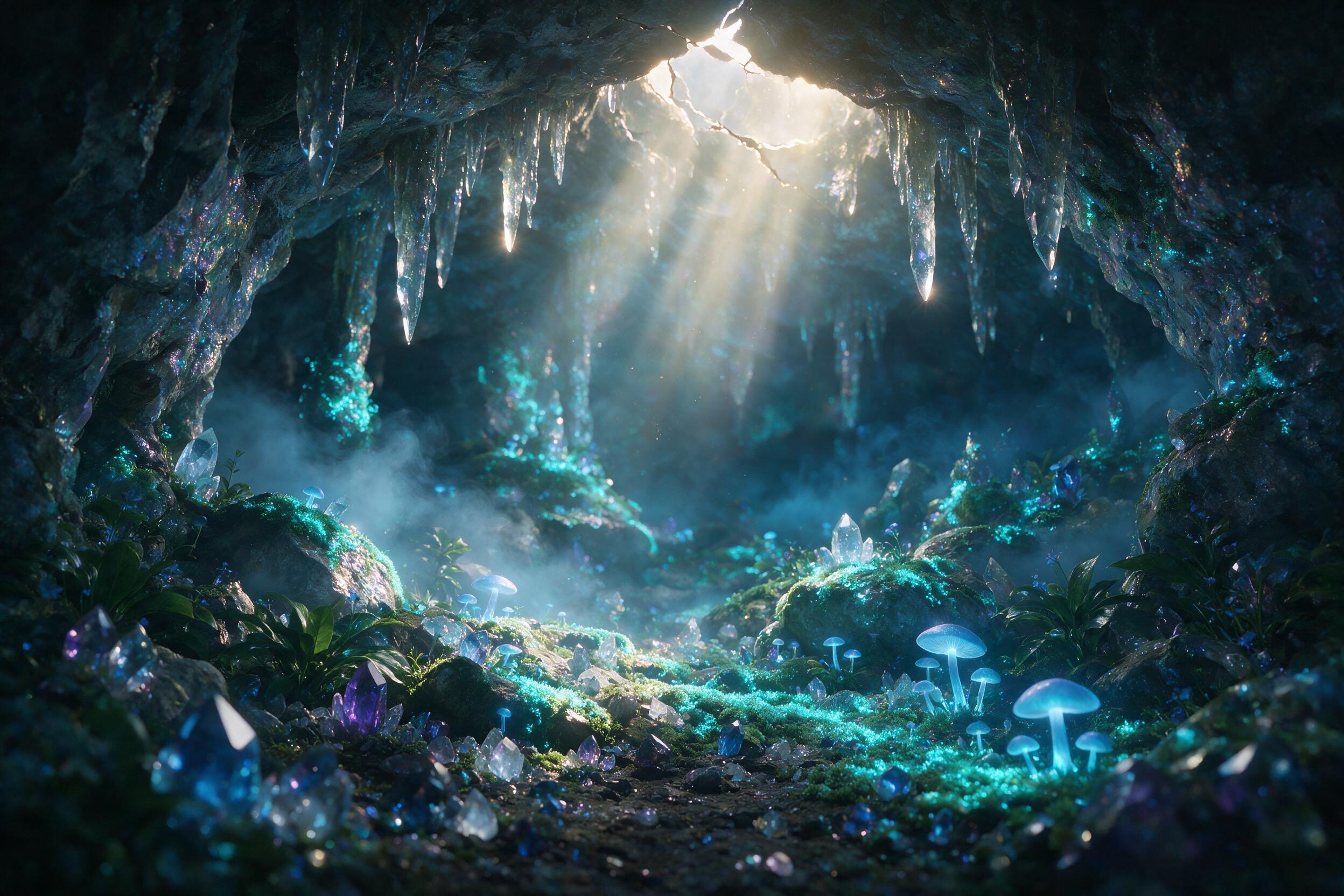 A luminous crystal cave with bioluminescent moss and glowing blue mushrooms, soft mist swirling around stalactites, ethereal light rays piercing through a crack above, shallow depth of field, magical atmosphere, cinematic lighting, subtle lens flare.