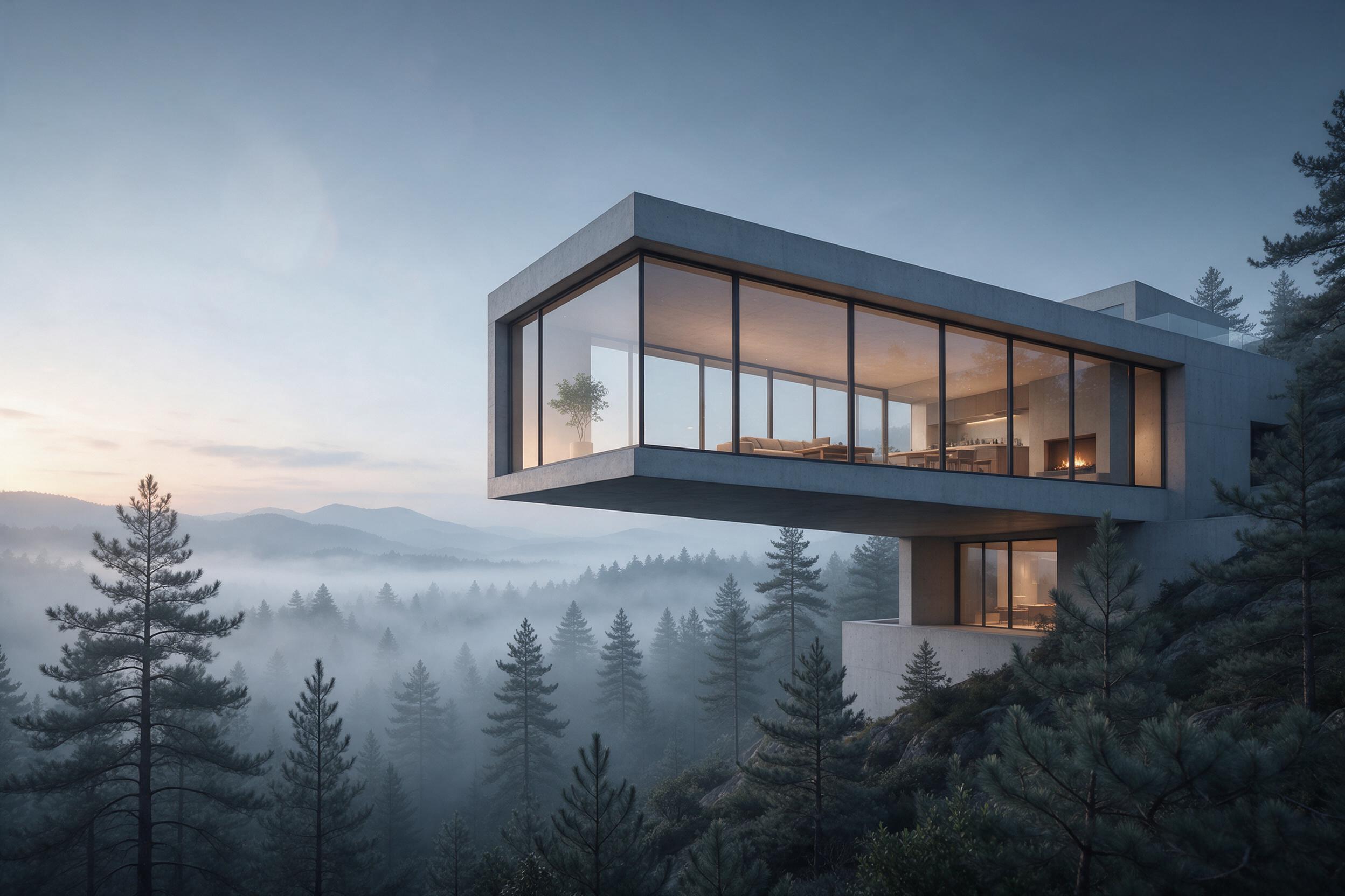 Minimalist concrete villa cantilevered over a misty pine forest cliff at dawn, warm interior lights glowing through floor-to-ceiling glass, soft fog rolling between trees, cool blue-gray palette with amber accents, low-angle wide shot emphasizing structural cantilever, subtle lens flare, architectur