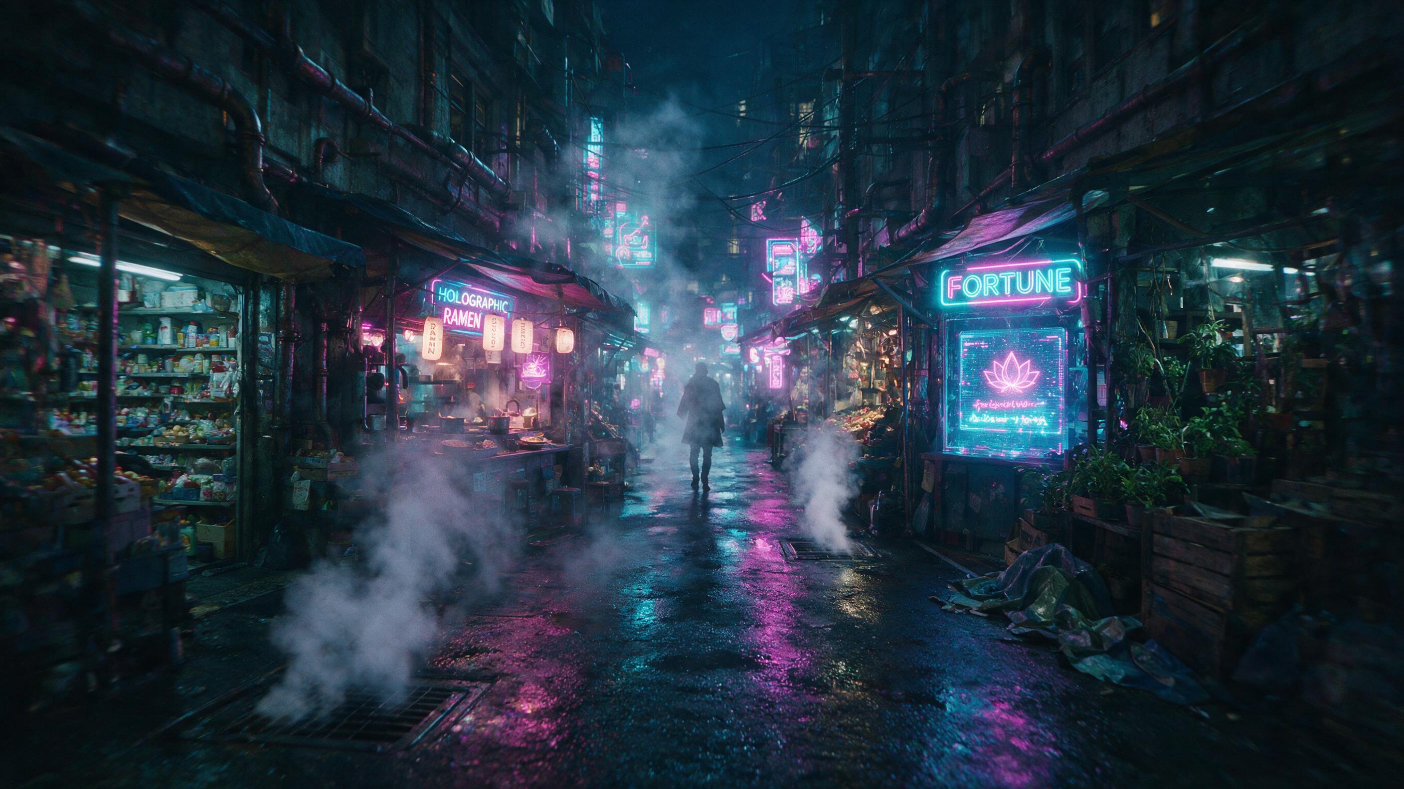A neon-lit cyberpunk market alley at midnight, rain-slicked pavement reflecting holographic signs in magenta and cyan, steam rising from vents, a lone figure in a trench coat walks away, motion blur from slight camera shake, naturalistic shadows and grain