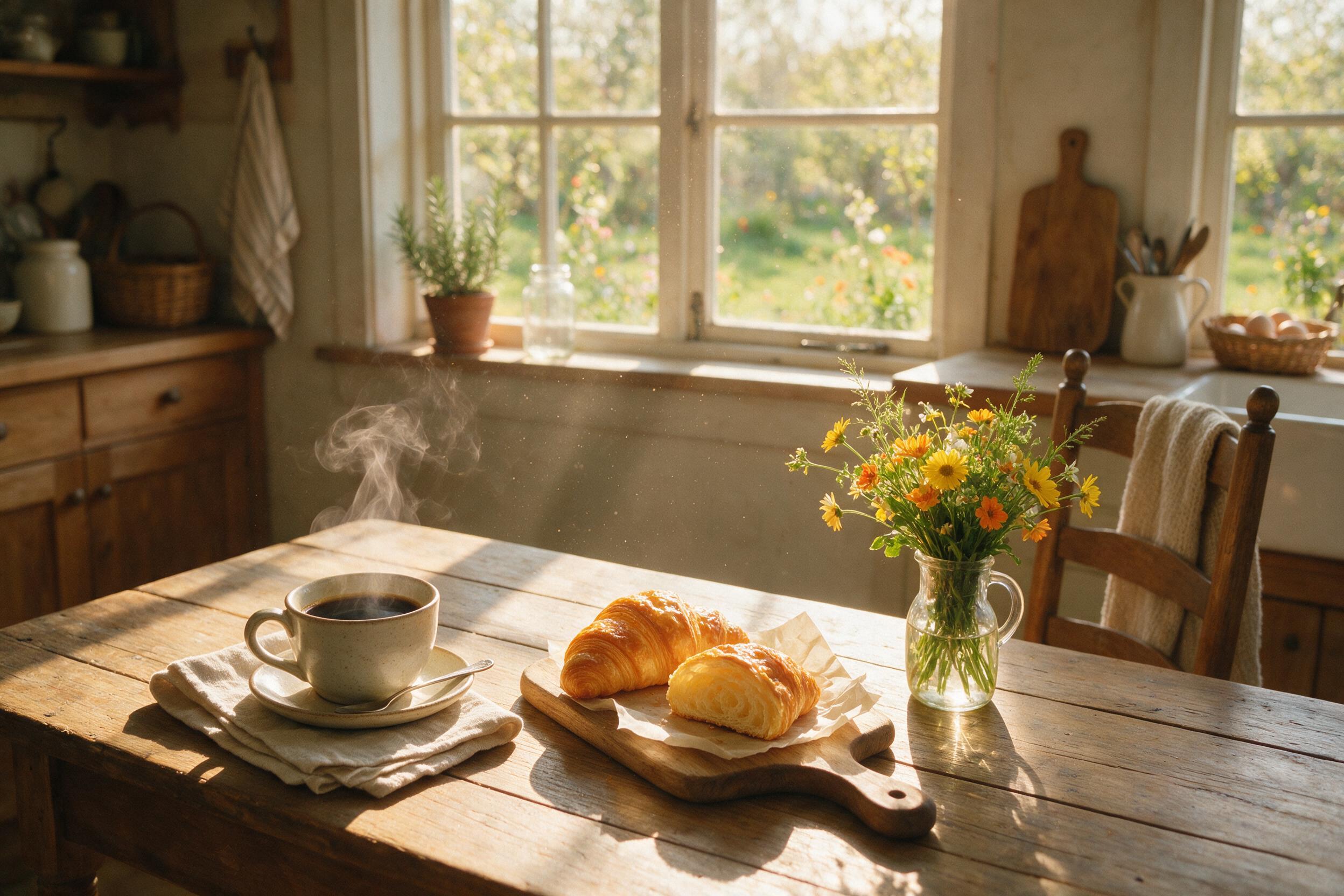 A cozy morning kitchen scene with soft sunlight streaming through a window, casting warm golden light on a wooden table with a steaming coffee cup, fresh croissants, and a small vase of wildflowers. Subtle dust motes float in the light beam. Slight camera grain, natural shadows.