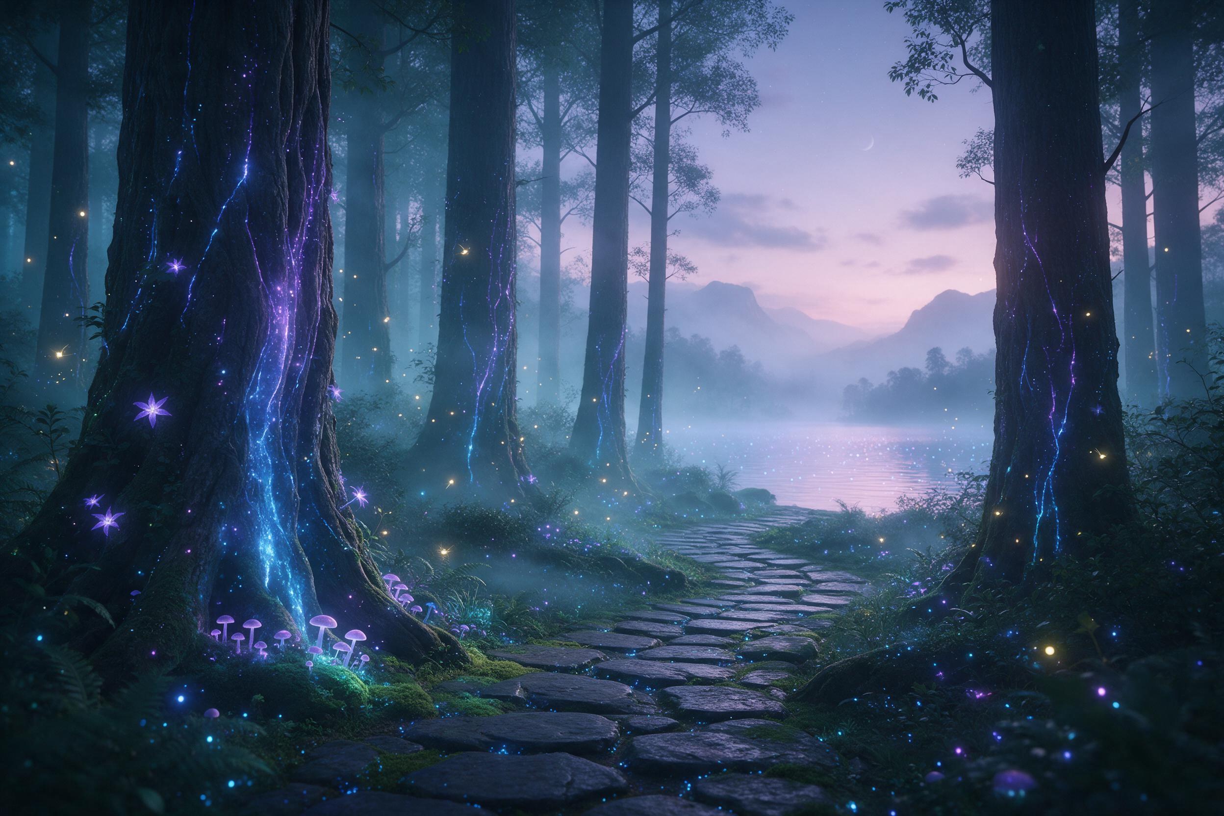 A misty bioluminescent forest at twilight, ancient towering trees with glowing blue and purple veins, small luminous fireflies tracing spiral paths, a winding path of moss-covered stones leading to a distant shimmering lake, ethereal fog rolling between trunks, soft teal and violet color palette, dr