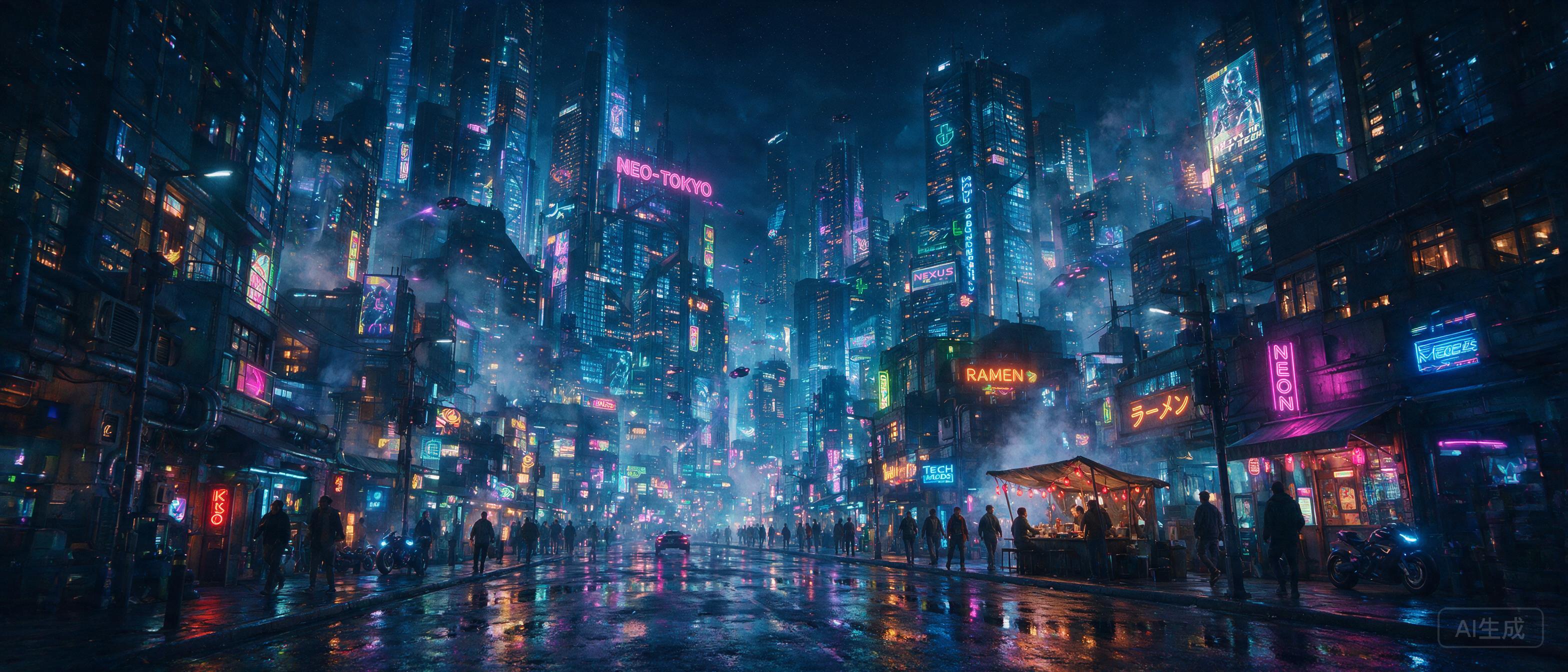 Futuristic cityscape with neon lights reflecting on wet streets, cyberpunk aesthetic, volumetric fog, cinematic lighting