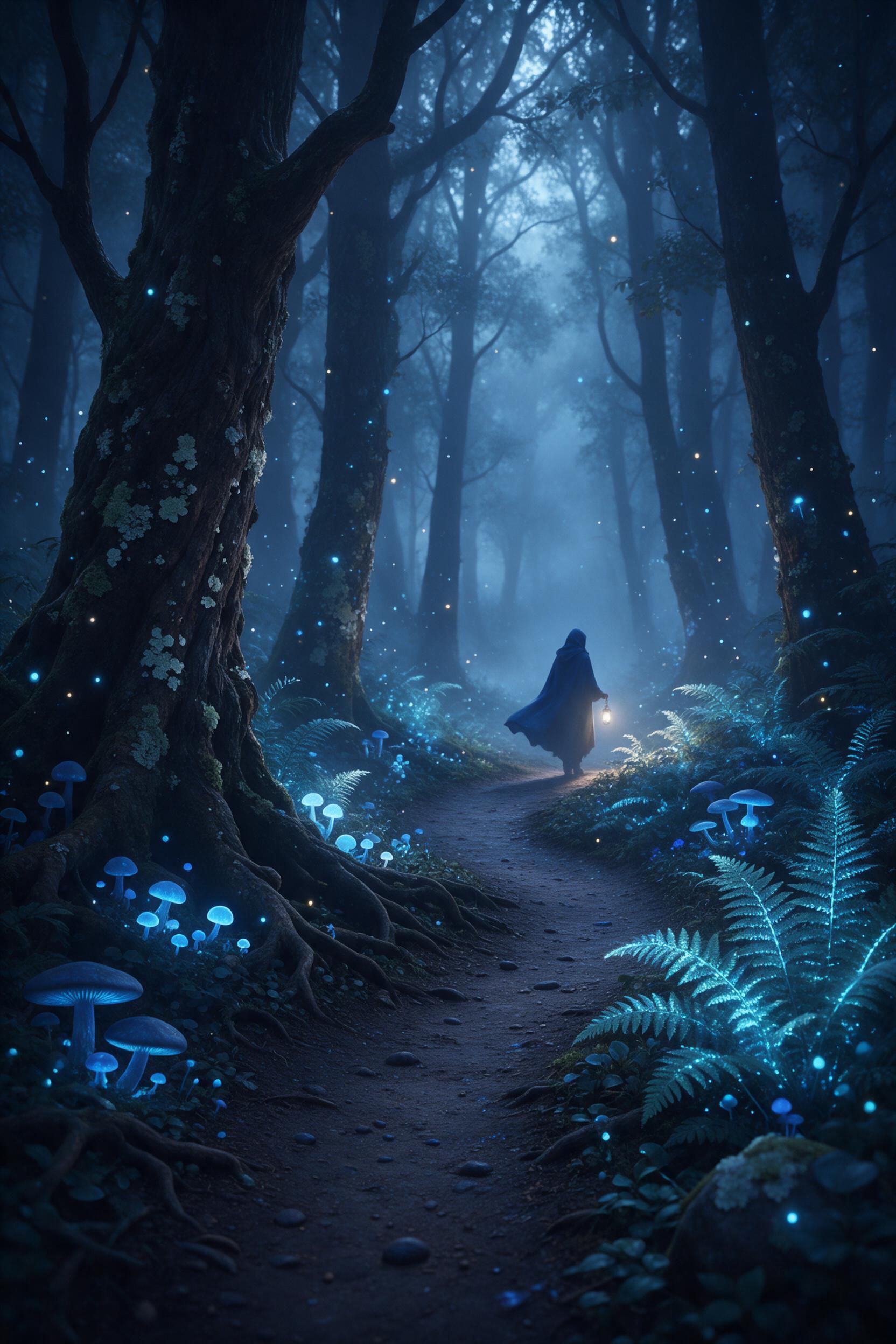 A misty twilight forest where bioluminescent mushrooms and glowing ferns line a winding path, ethereal blue light filtering through ancient trees, a cloaked figure with a lantern in the distance, soft fog and floating spores, dreamlike atmosphere, gentle rim lighting, mysterious and serene