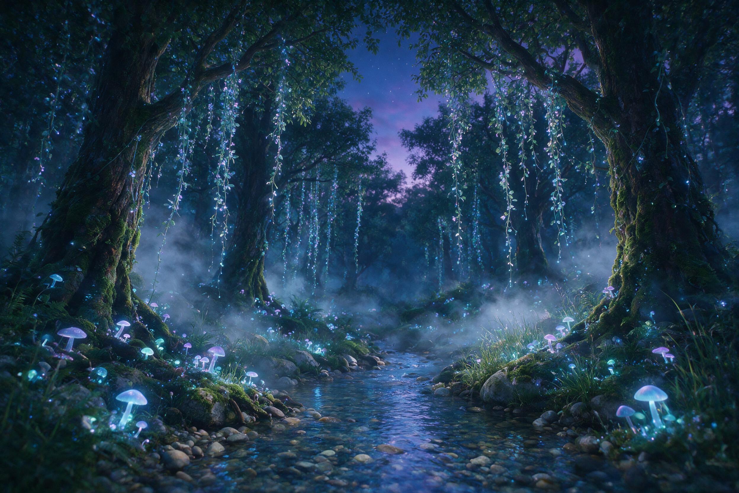 A luminous forest at twilight, bioluminescent mushrooms and glowing vines hanging from ancient trees, mist swirling around a crystal-clear stream, soft blue and purple light, ethereal atmosphere, slight camera shake, natural grain, no human figures