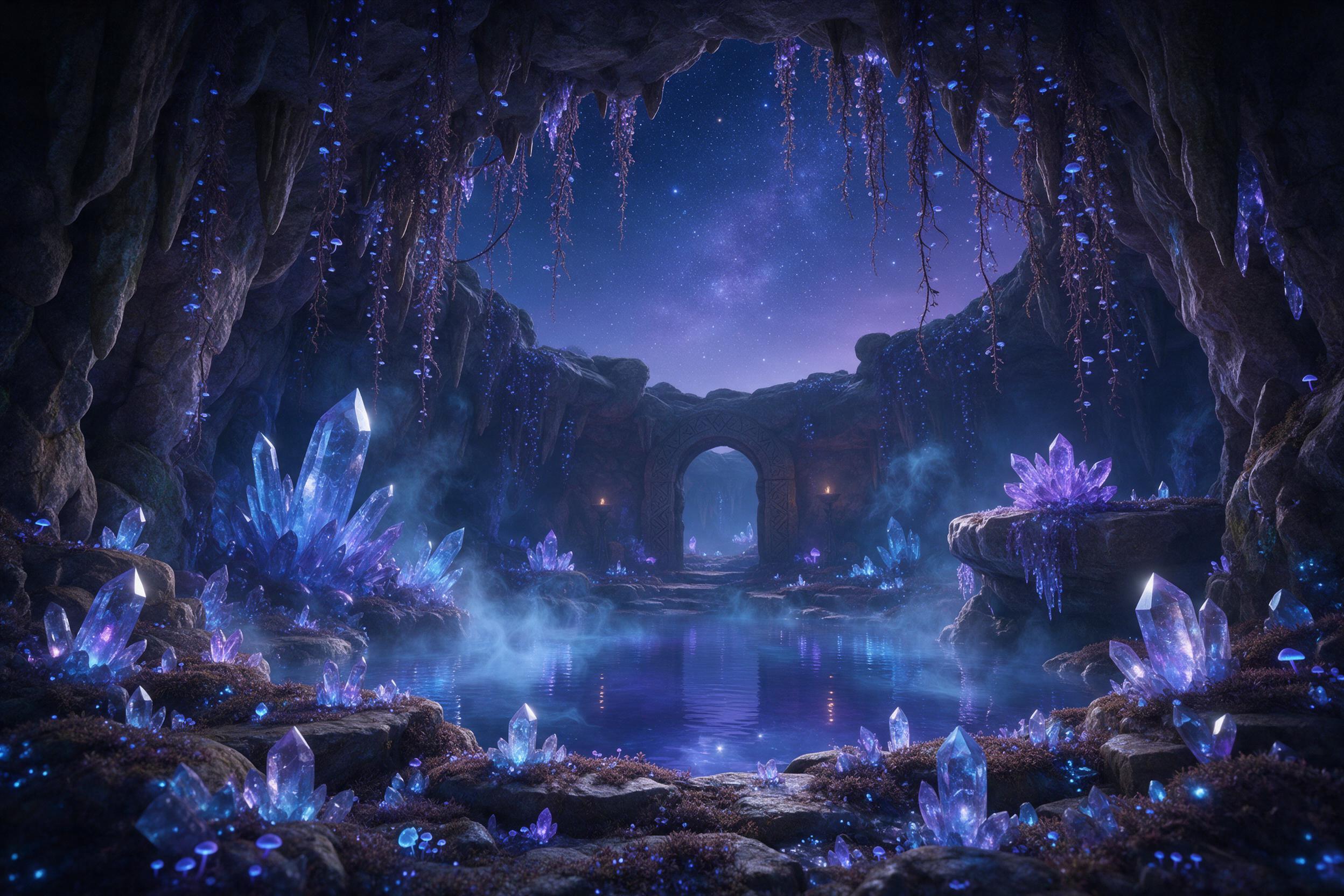 A mystical glowing crystal cave under a starry night sky, bioluminescent fungi and vines cascading from stalactites, a small pool reflecting the shimmering light, ethereal atmosphere, soft blue and purple hues, gentle mist floating over the water, intricate rock formations, dreamy and enchanting amb