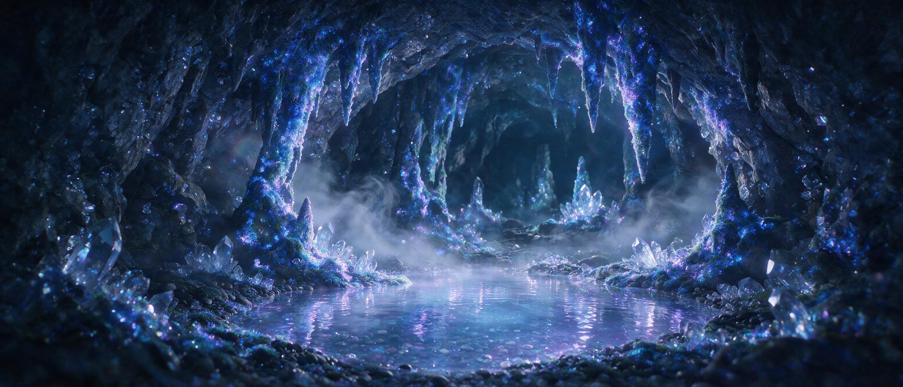 A luminous crystal cave deep underground, glowing blue and purple bioluminescent moss covering jagged stalactites, a small shimmering pool reflecting the light, soft mist rising, ethereal atmosphere with subtle lens flare, volumetric lighting, cinematic composition.