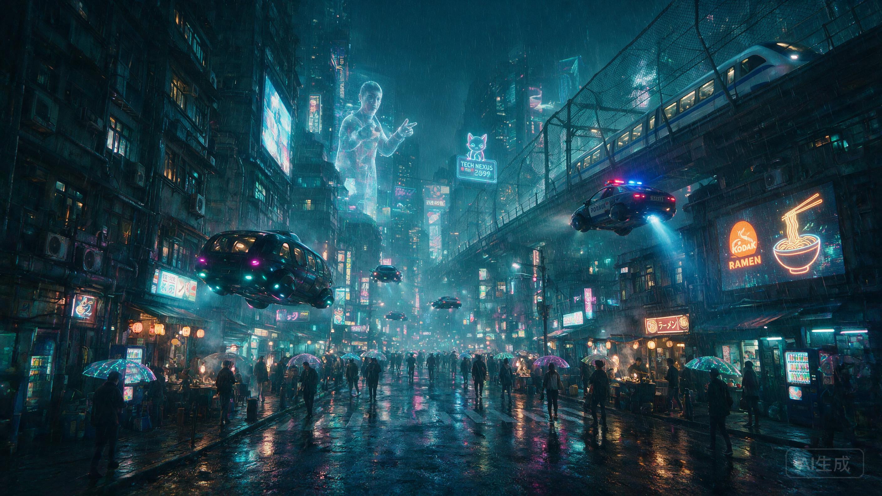 A futuristic cityscape at dusk, with towering neon-lit skyscrapers and flying vehicles weaving between them. The scene is bathed in cool blue and purple light, with a soft mist at ground level. Composition emphasizes depth through converging lines of buildings. Ultra-wide angle lens, cinematic light