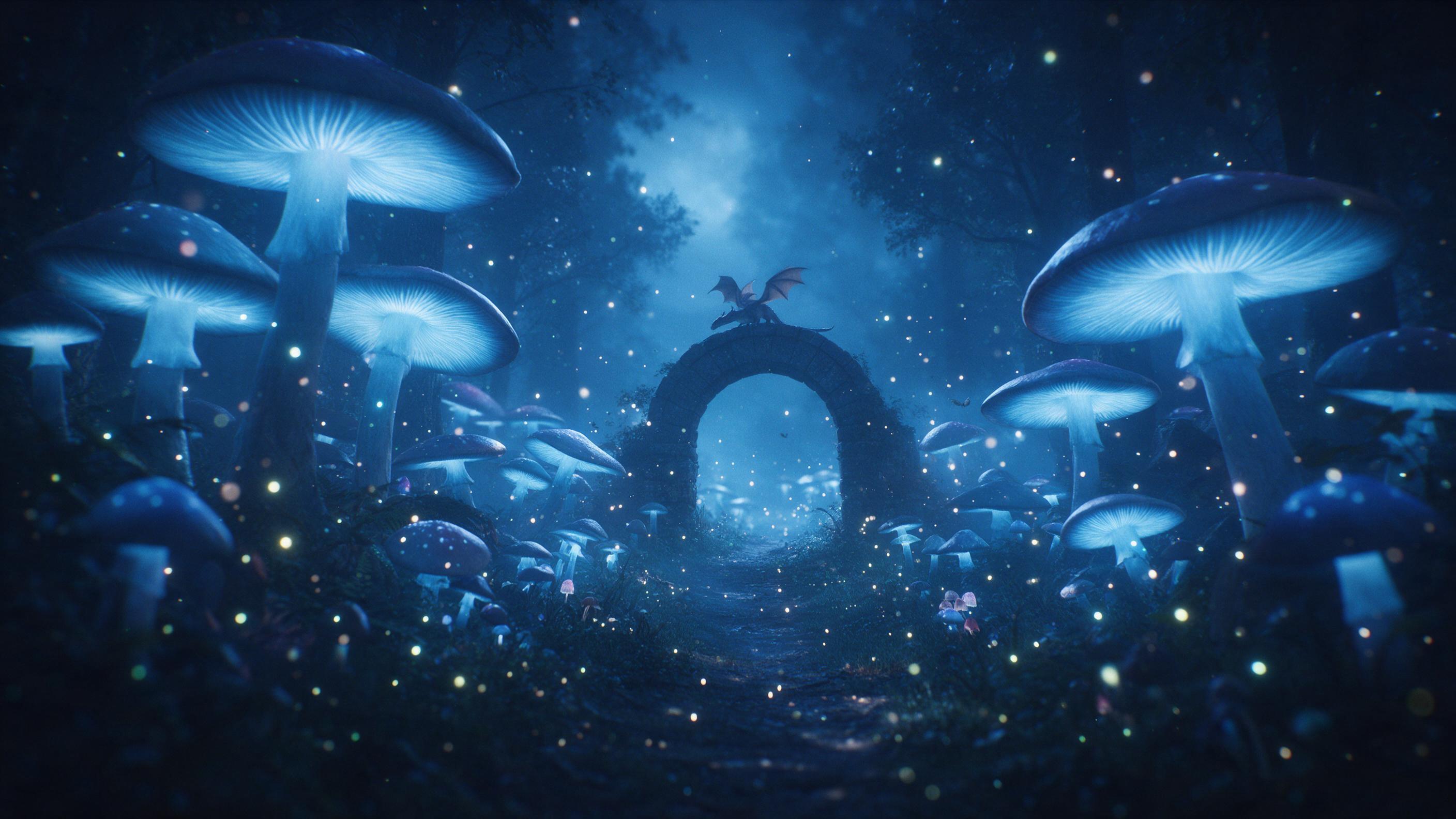 A moonlit enchanted forest with giant glowing mushrooms casting soft blue light, a winding path leading to an ancient stone arch, fireflies dancing in misty air, a small dragon perched on the arch, sweeping cinematic composition, cool tones with warm highlights, subtle film grain and gentle bokeh.