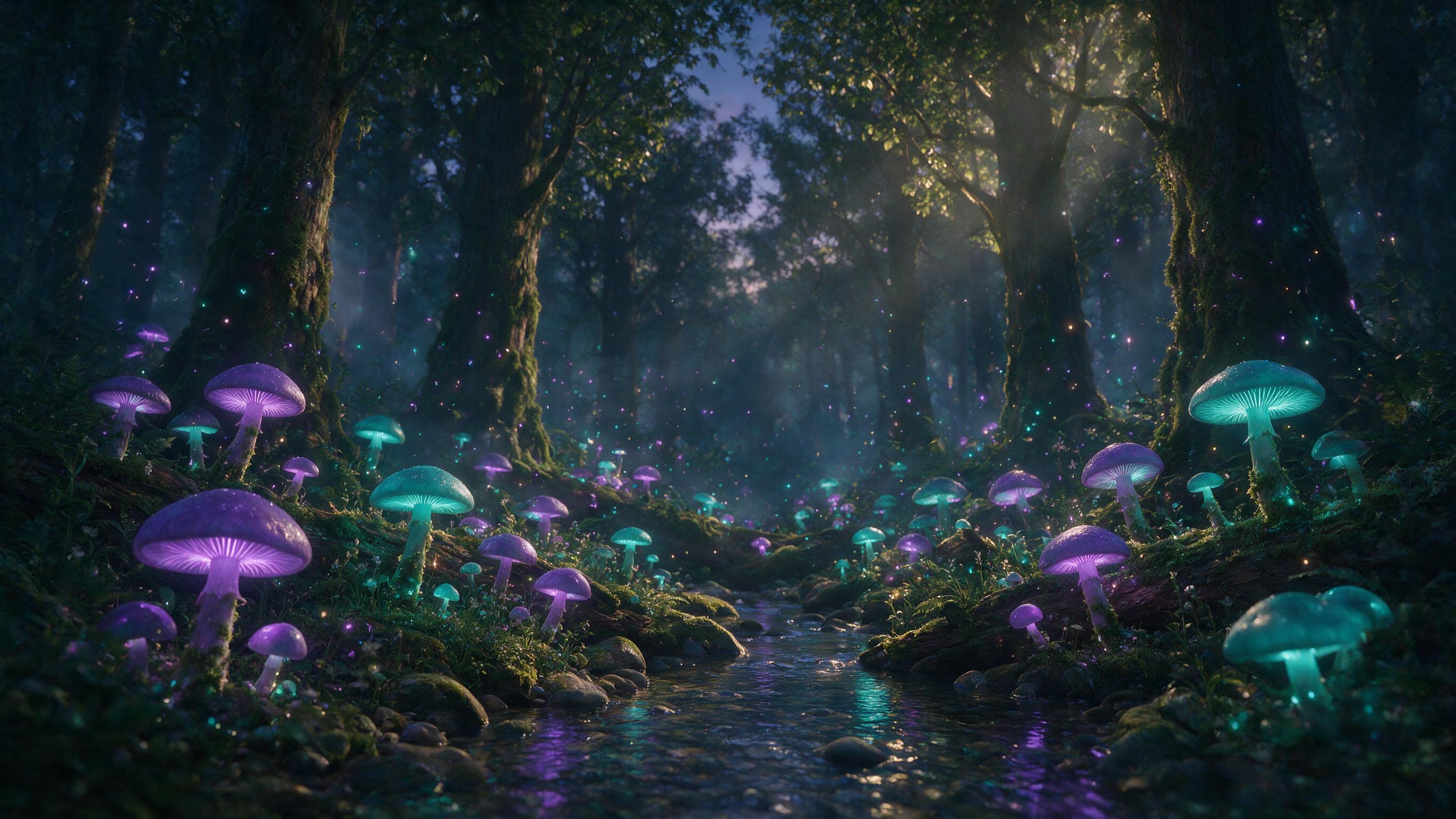 An ethereal glowing mushroom grove in a twilight forest, bioluminescent spores drifting like fireflies, a small stream reflecting purple and teal light, mist curling between ancient trees, soft volumetric rays penetrating the canopy, shallow depth of field with foreground mushroom details sharp, mys
