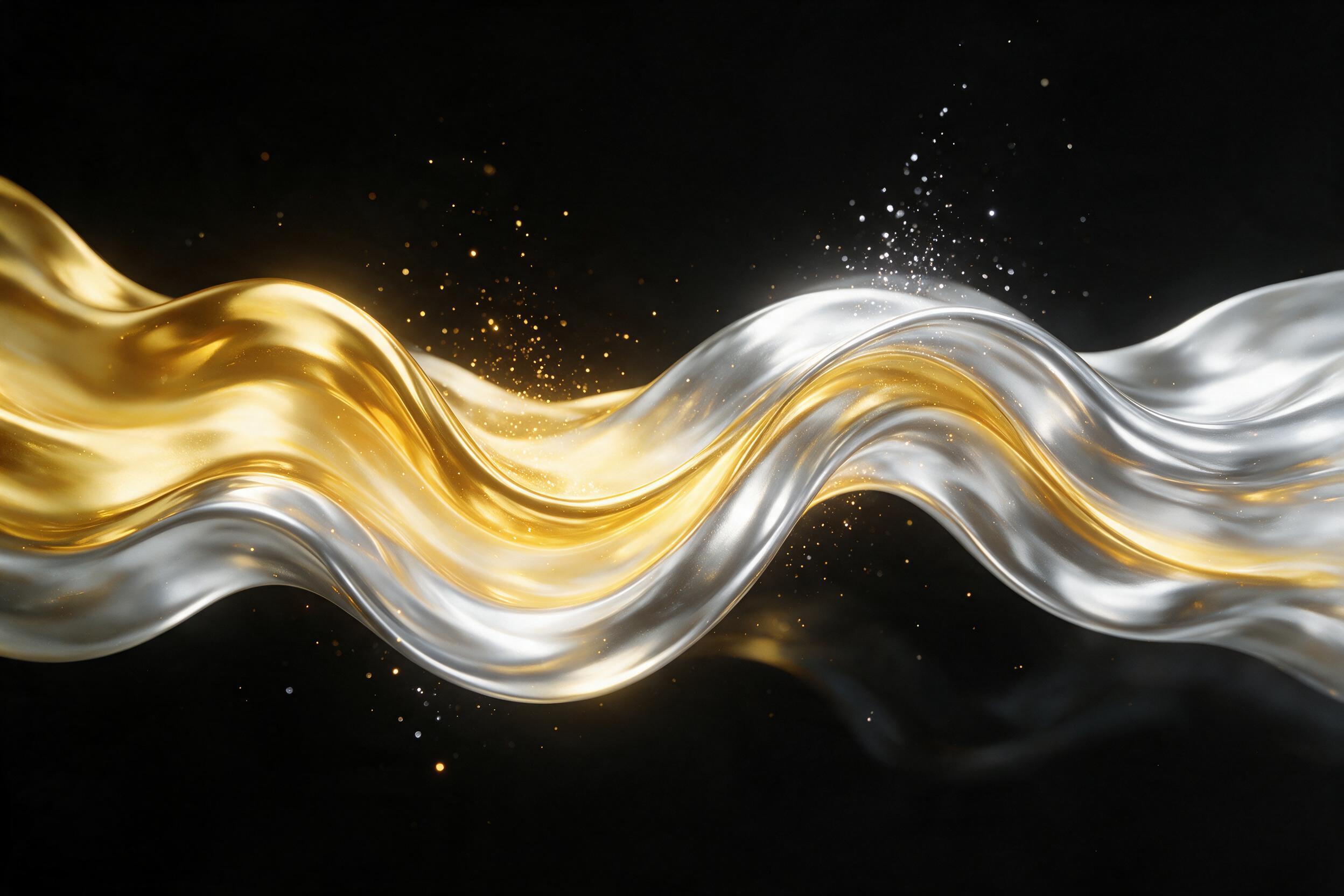Flowing rivers of molten gold and silver intertwine against a deep black void, with tiny glowing particles drifting upward like embers. Soft, diffused lighting from an unseen source creates gentle gradients. Minimalist composition, no sharp edges, smooth organic curves.
