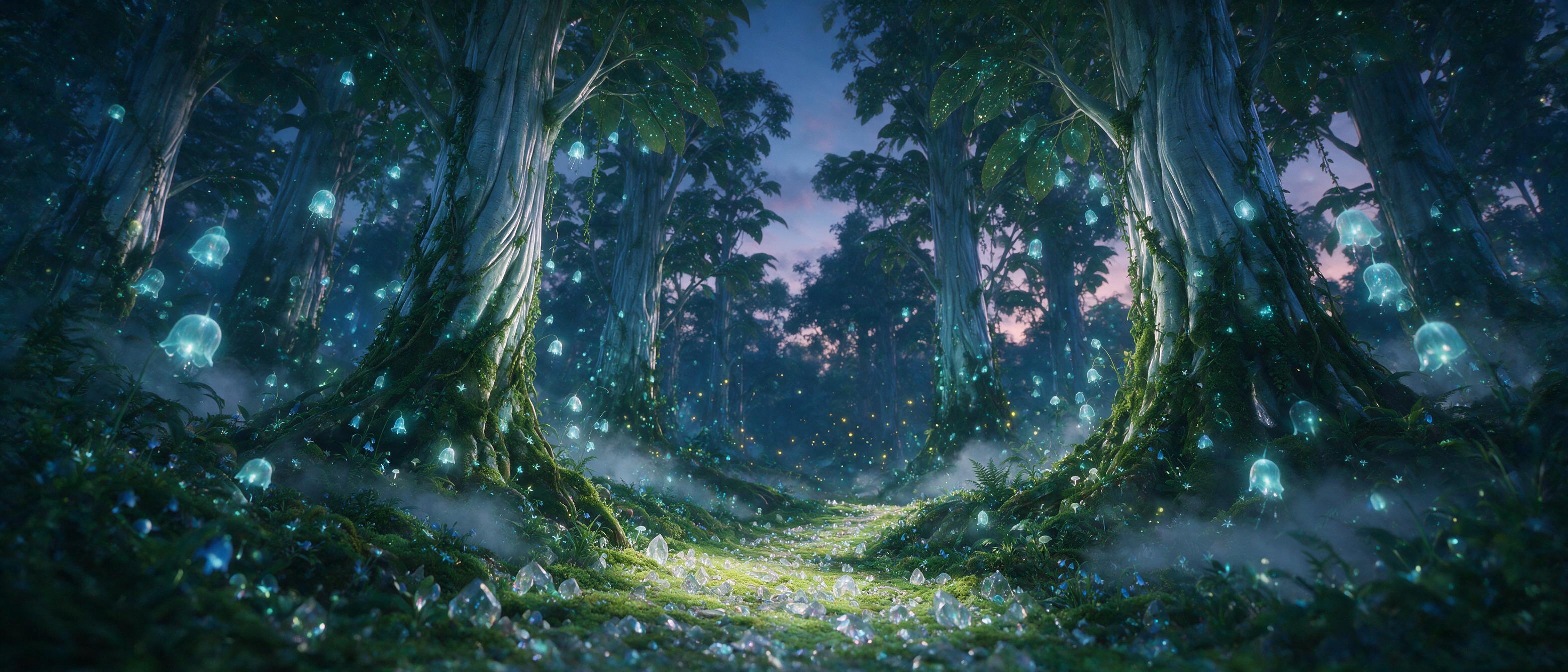 A glowing bioluminescent forest at twilight, ancient trees with silver bark, floating spores like tiny lanterns, a winding path of moss and quartz, soft mist curling between roots, ethereal blue-green light, fireflies in the distance, gentle fog, cinematic composition with a low camera angle, peacef