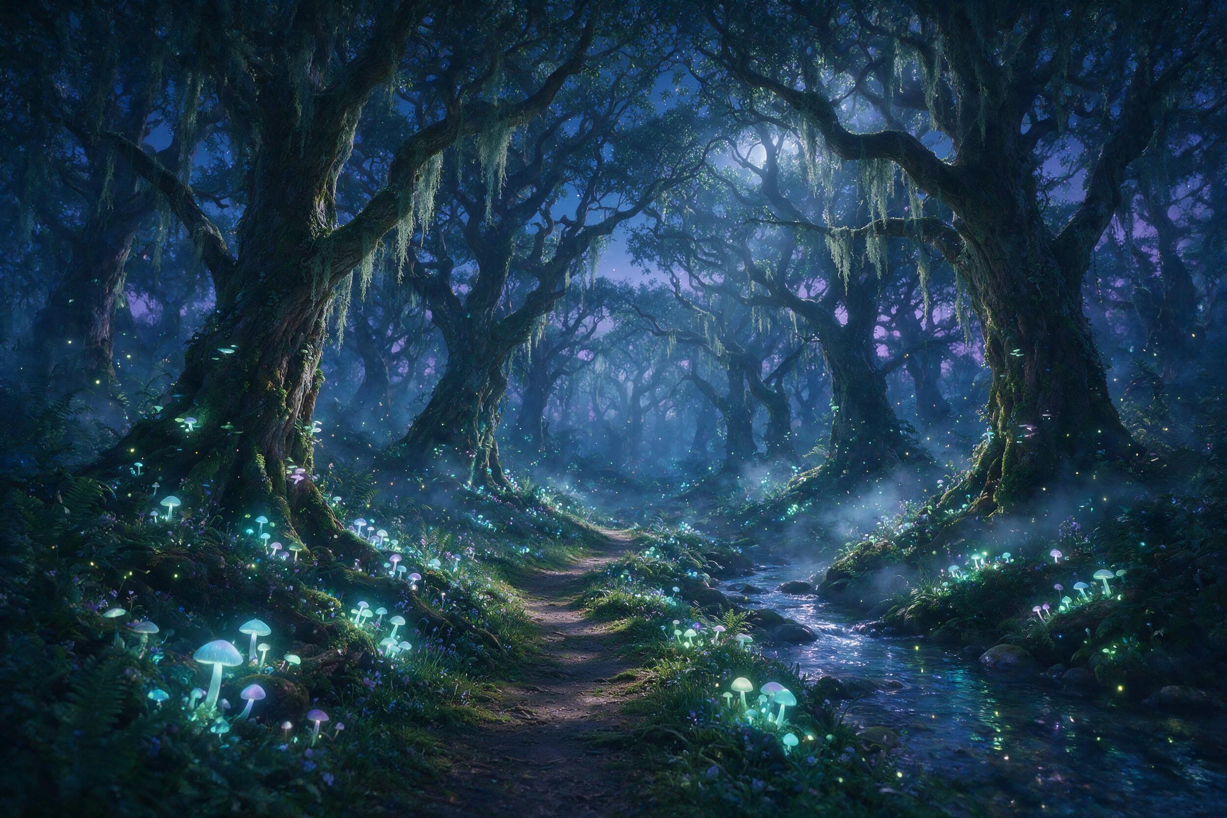 A mystical forest at twilight, glowing bioluminescent mushrooms and floating fireflies illuminating a winding path, soft mist weaving through ancient trees, dappled moonlight filtering through the canopy, deep blues and purples with hints of ethereal green, dreamy atmosphere with soft focus