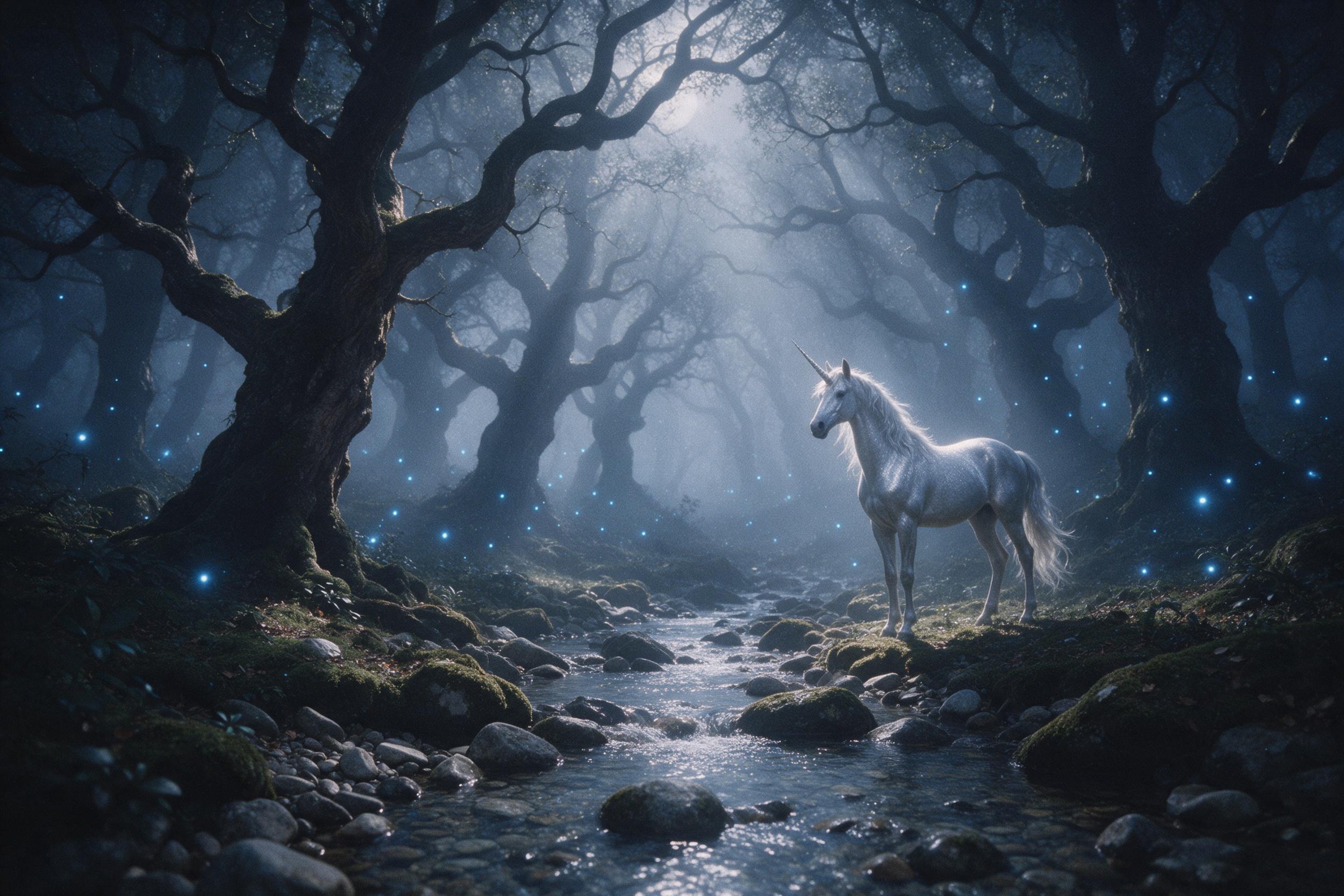 A misty moonlit forest, ancient gnarled trees, glowing blue fireflies, a silver unicorn standing by a crystal-clear stream, soft volumetric light through fog, moss-covered stones, ethereal atmosphere, slight film grain, warm highlights against cool shadows