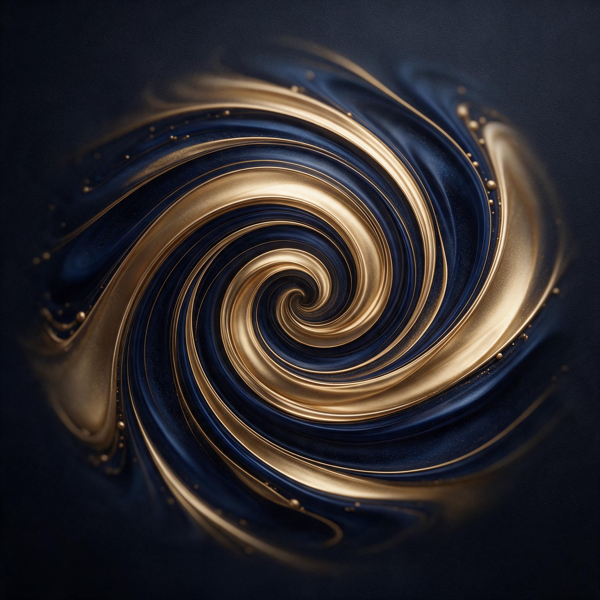 Fluid ribbons of molten gold and deep indigo swirl across a dark matte canvas, refracting light like liquid glass. Gentle gradients blend from metallic sheen to matte shadows, with fine grain texture and soft focus at edges. Composition centered, balanced negative space, studio lighting.