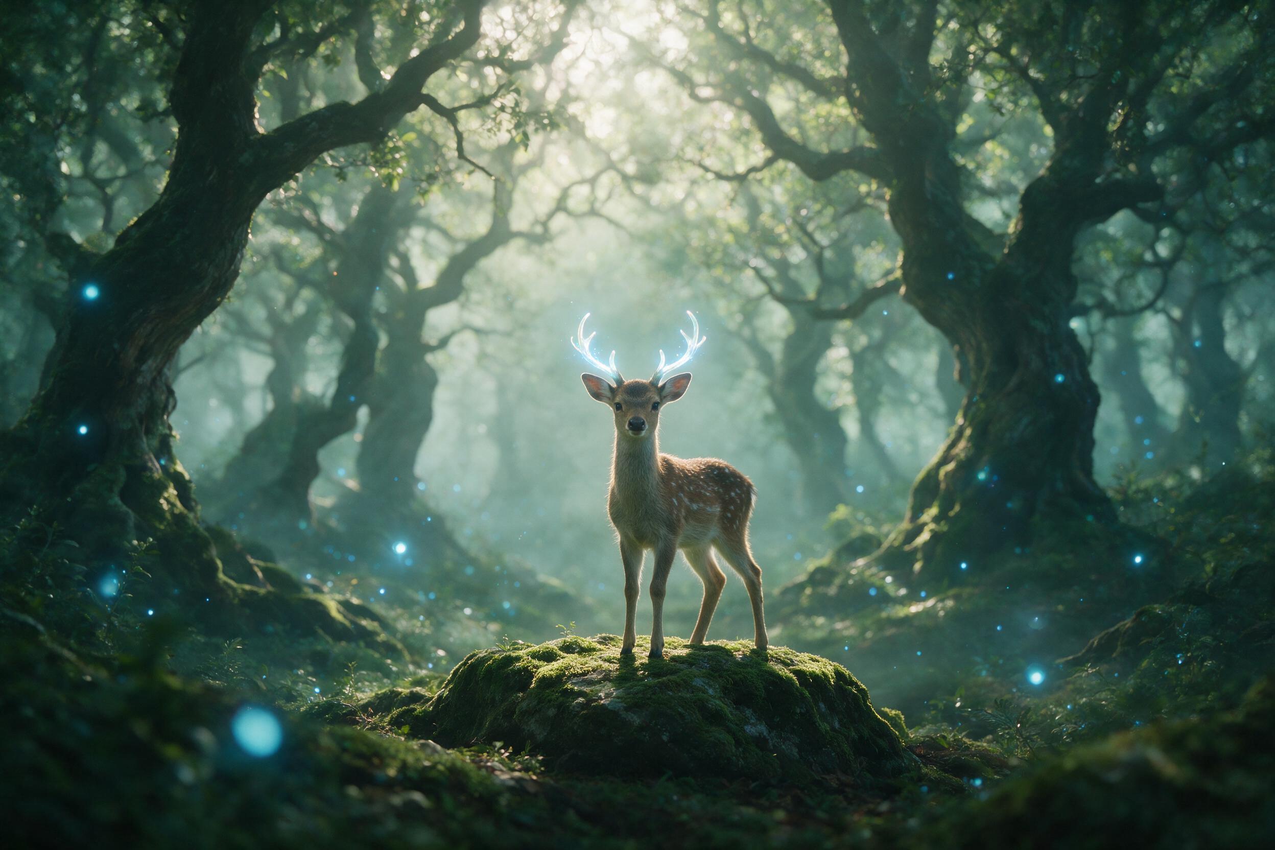 A misty forest with ancient twisted trees, ethereal blue glow from floating orbs, a small deer with glowing antlers stands on a mossy rock, soft morning light breaking through canopy, shallow depth of field, gentle fog, muted green and teal palette