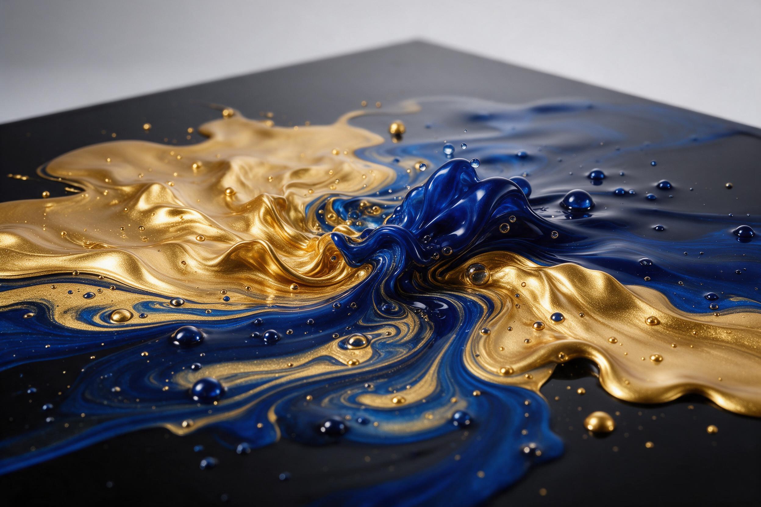 Molten gold and sapphire blue fluid art colliding on glossy black surface, intricate swirls and delicate bubbles, macro shot, soft studio lighting with gentle reflections, rich contrast, smooth texture