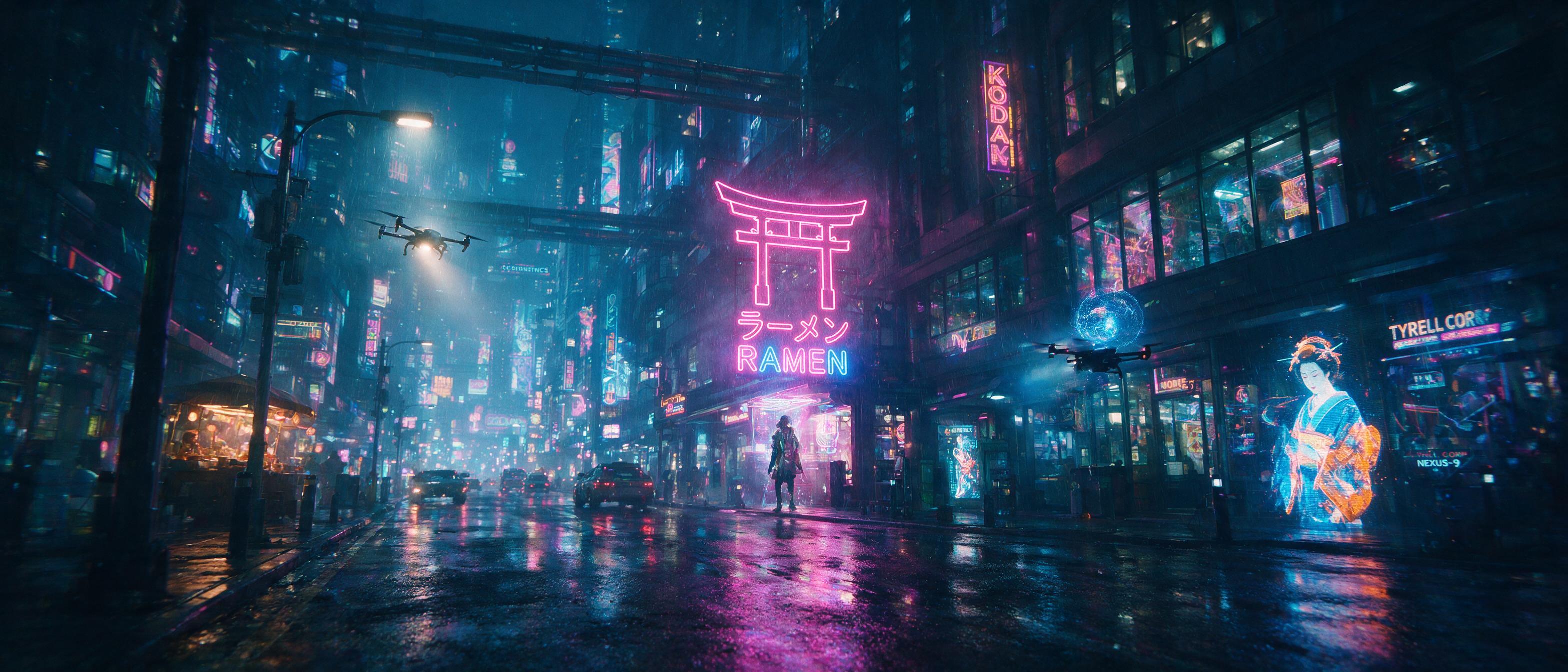 A neon-lit cyberpunk street corner at night, rain-slicked asphalt reflecting holographic advertisements, a lone figure in a high-tech coat walking under a flickering sign, soft glow from floating drones, cinematic composition with leading lines