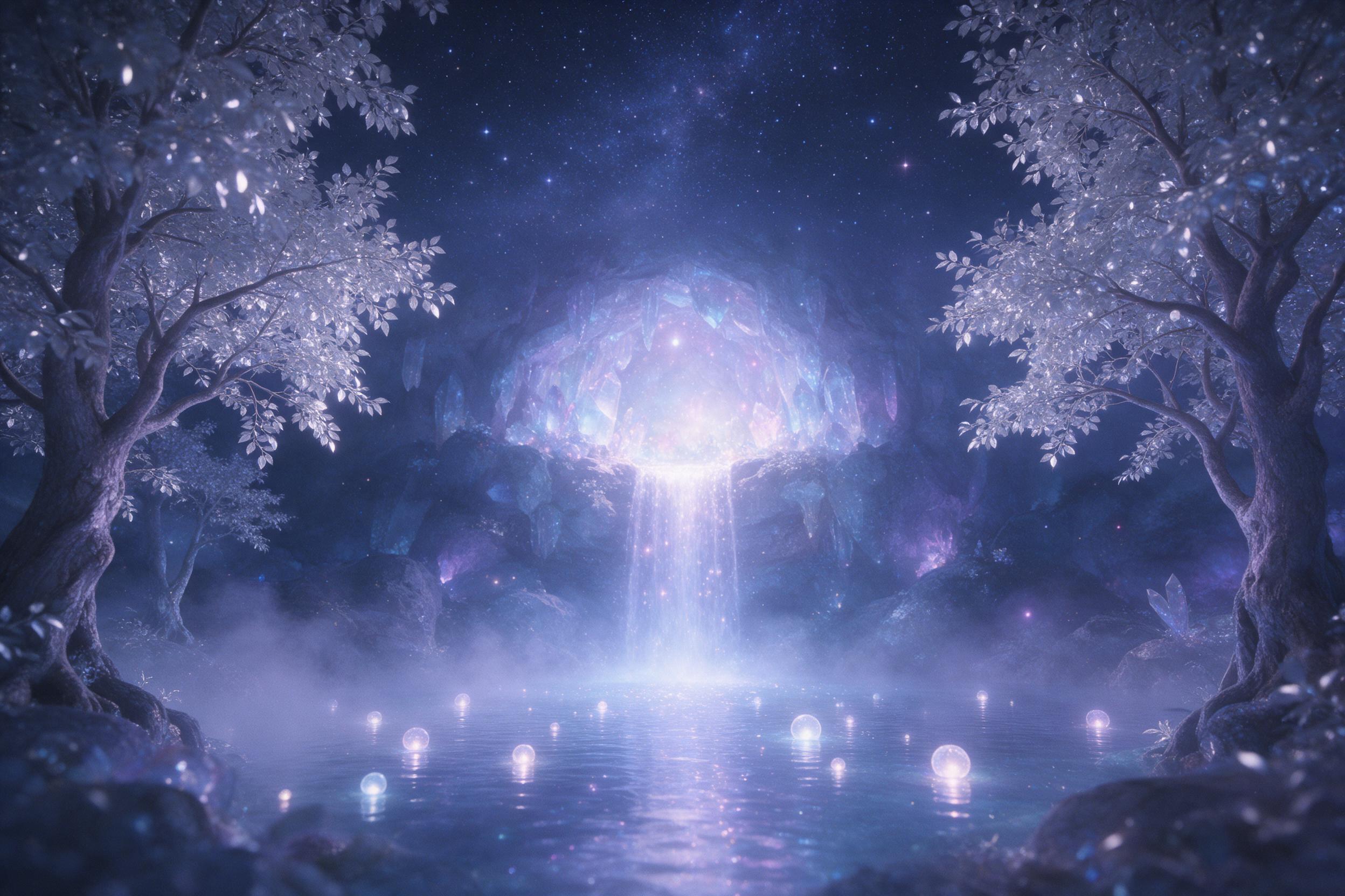 A glowing crystal grotto under a starry sky, with a luminous waterfall cascading into a pool filled with floating glowing orbs. Soft blue and purple light, mist rising from the water, ancient trees with silver leaves framing the scene. Subtle grain, natural depth of field, no people.