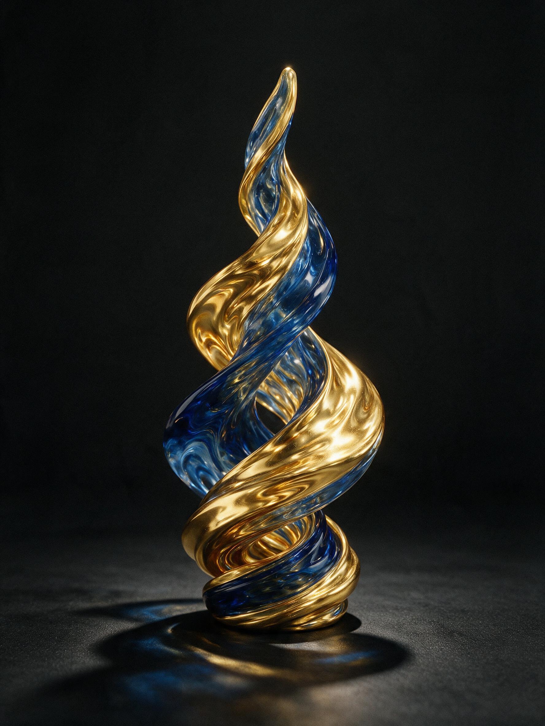 A fluid sculpture of molten gold and deep blue glass, twisting upward in a spiral, soft ambient light casting abstract shadows on a matte black surface, minimal composition, slight grain, no sharp edges