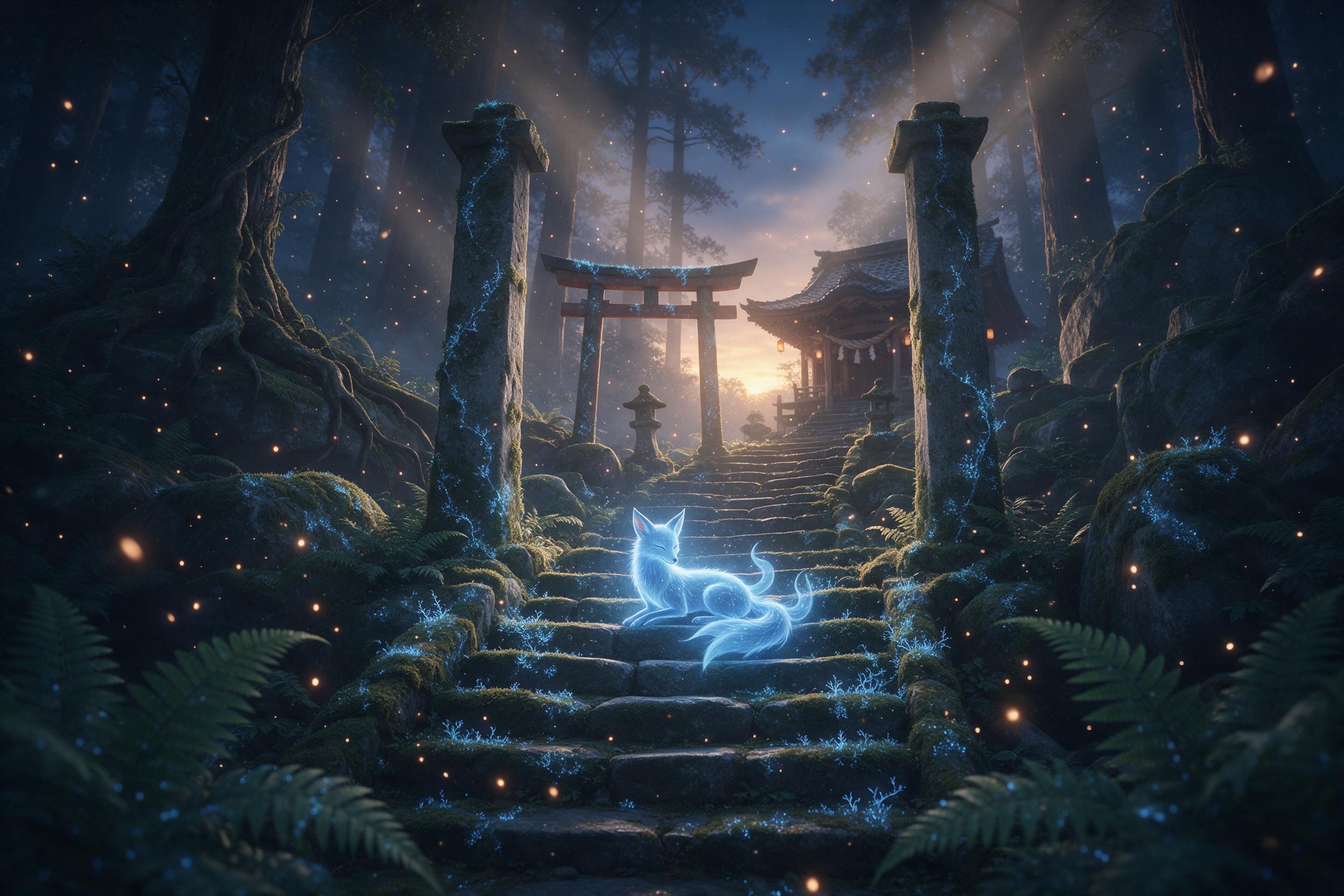 A secluded forest shrine at twilight, glowing bioluminescent moss winding around ancient stone pillars, a translucent blue spirit fox resting on moss-covered steps, soft volumetric light rays piercing through misty trees, floating embers, cinematic composition with foreground ferns framing the scene