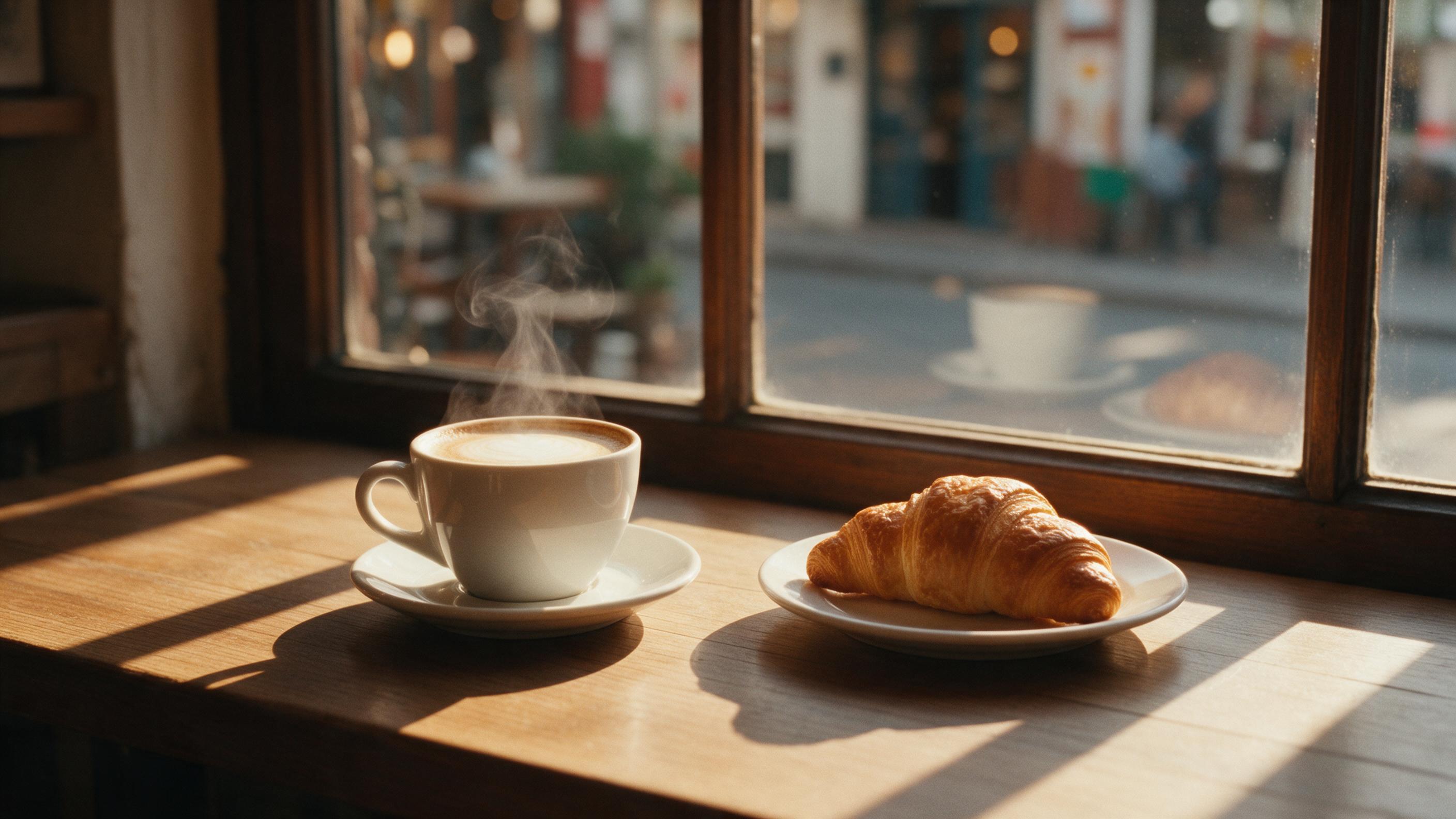 Morning light streaming through a rustic cafe window, casting long shadows on a wooden table with a steaming cappuccino and croissant; shallow depth of field, film grain, warm tones, intimate street-side view through the glass.