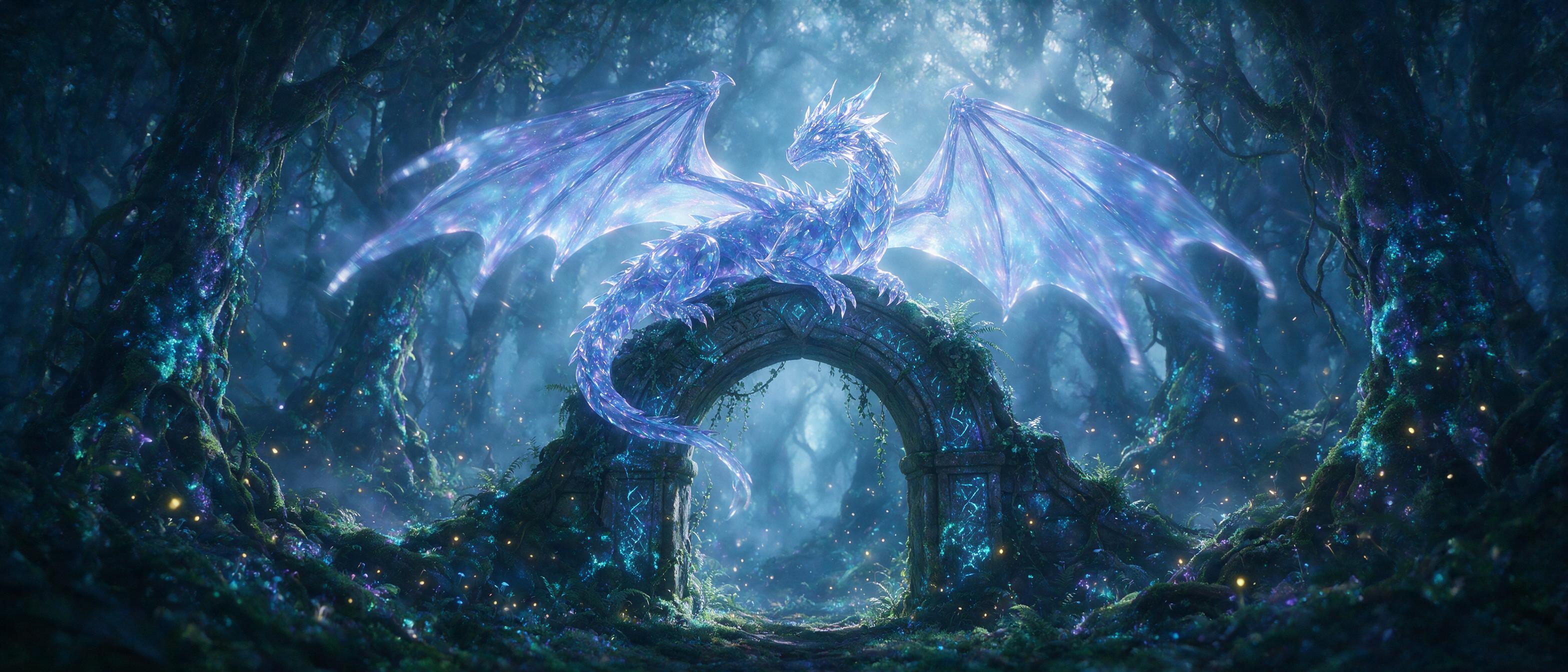 A glowing crystal dragon curled around an ancient stone archway in a misty forest, bioluminescent moss and fireflies, moonlight filtering through canopy, ethereal blue and violet palette, cinematic wide shot, volumetric light, subtle motion blur on wings
