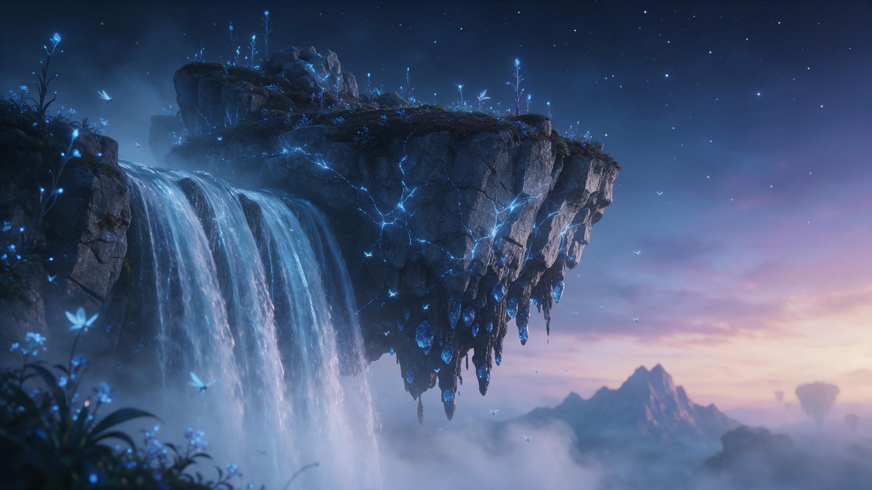 A floating crystal island at twilight, glowing blue veins of light running through ancient stone, waterfall pouring into a misty abyss below, luminescent plants and tiny winged creatures, stars visible above, soft ambient glow, ethereal atmosphere, cinematic composition with island off-center