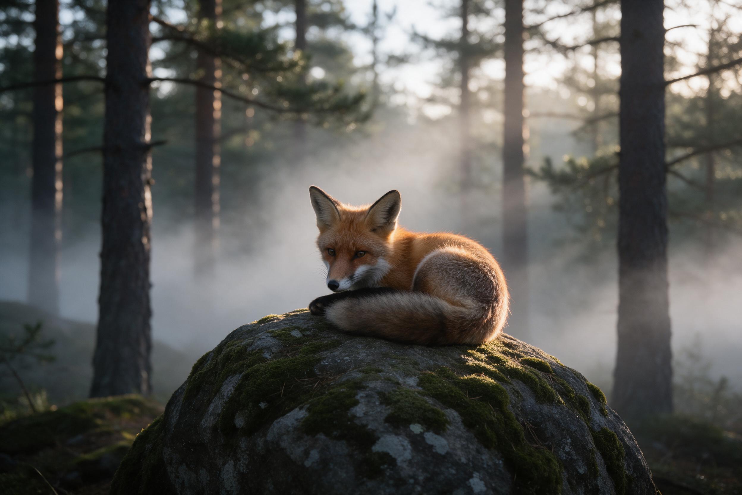 A red fox curls atop a mossy boulder in a misty forest at dawn, fur tinged with golden backlight, fog weaving between pines, quiet elegance, shallow depth of field, soft natural light, cinematic woodland tone